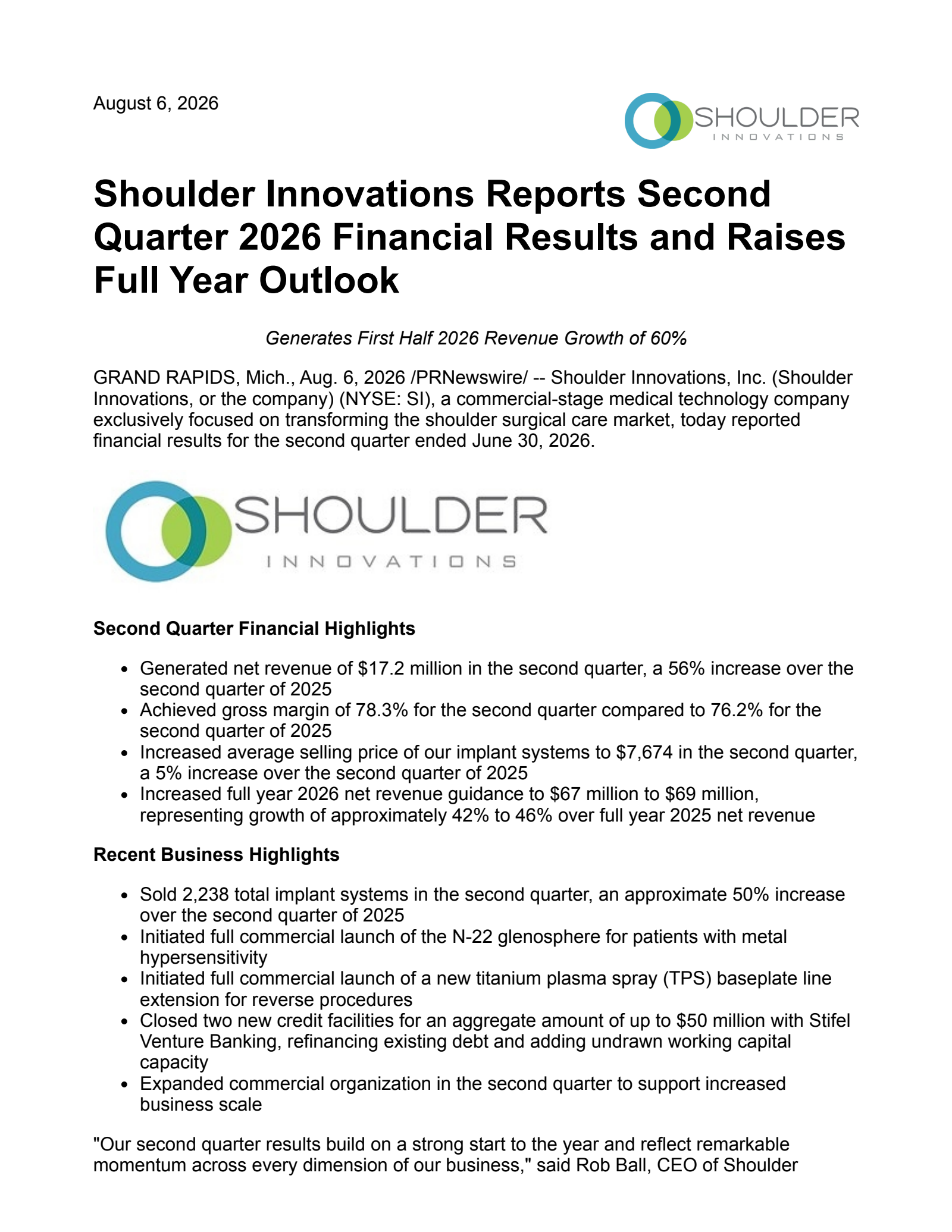 Shoulder Innovations' Q2 2026 Press Release