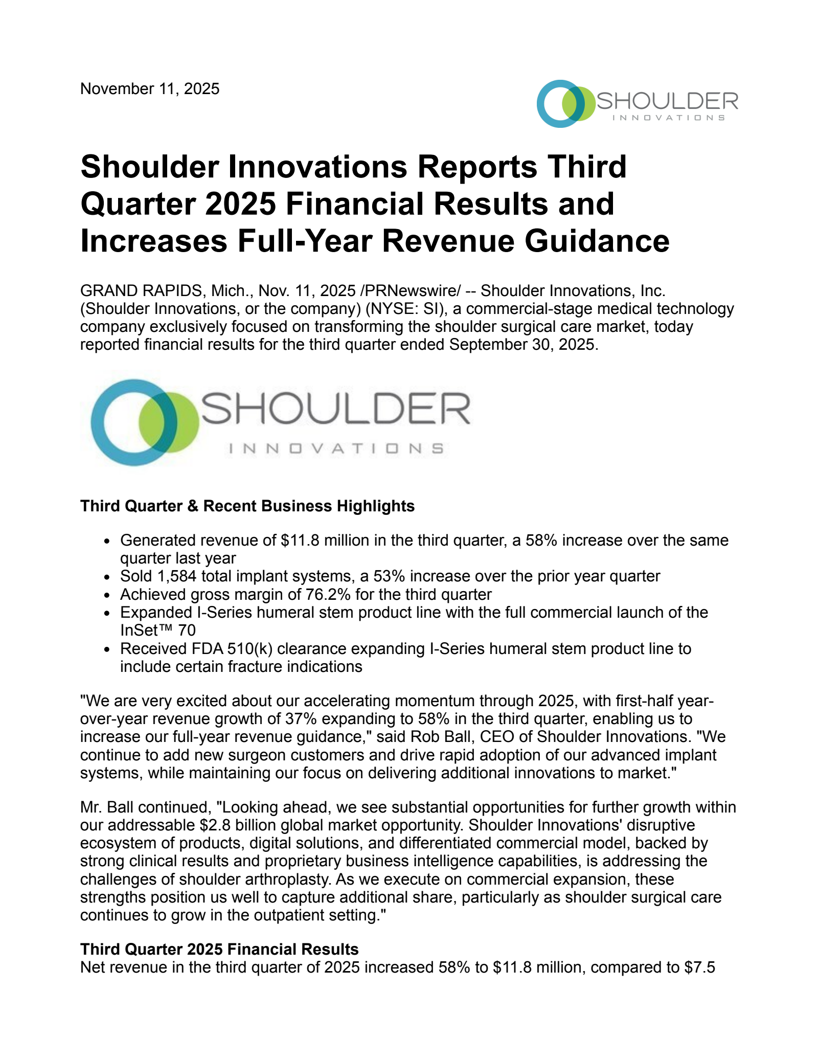 Shoulder Innovations' Q3 2025 Earnings Release