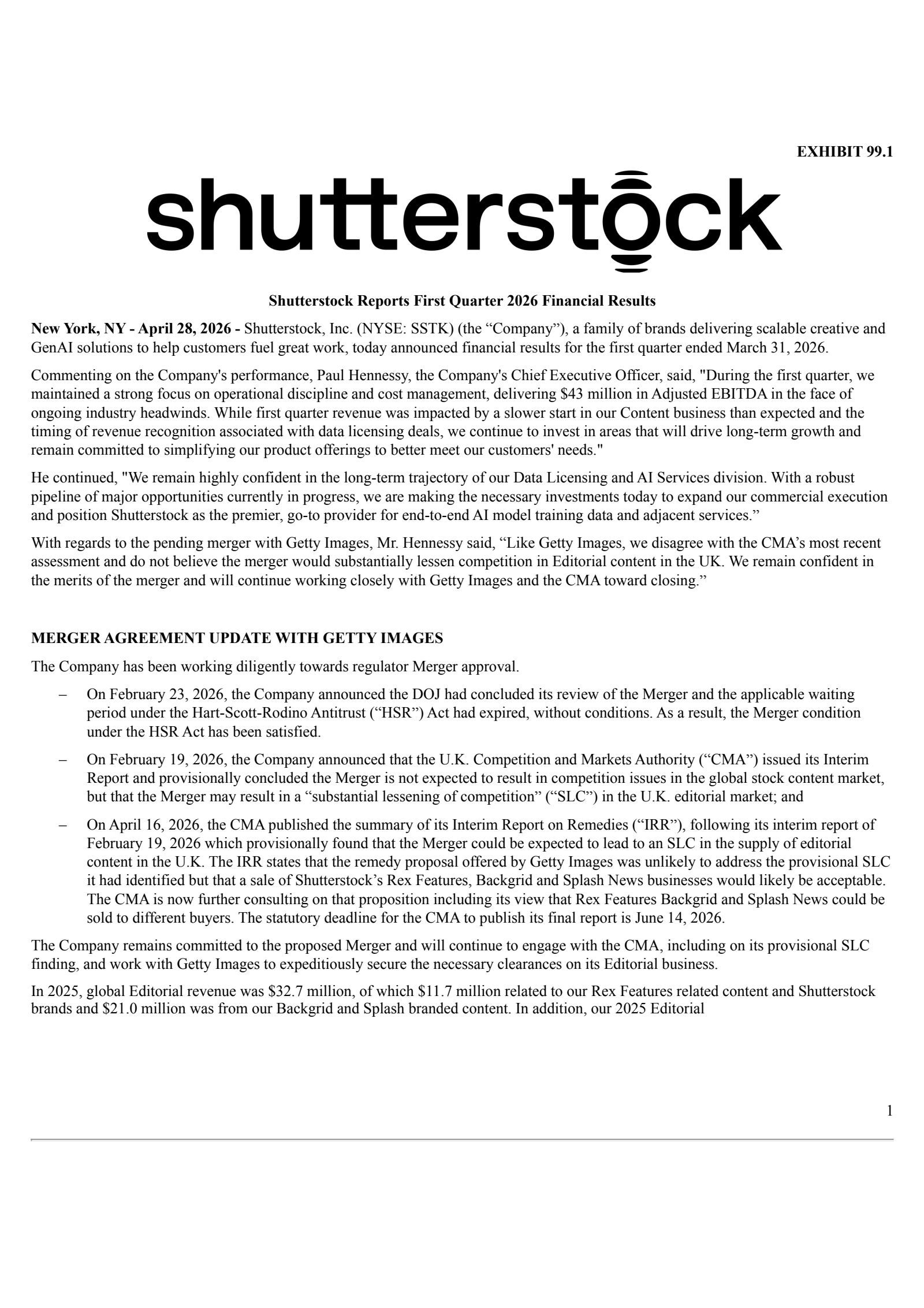 Shutterstock's Q1 2026 Press Release