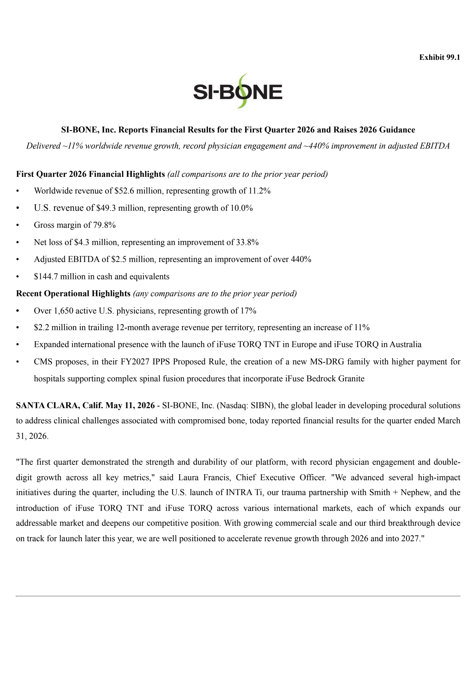 SiBone's Q1 2026 Press Release