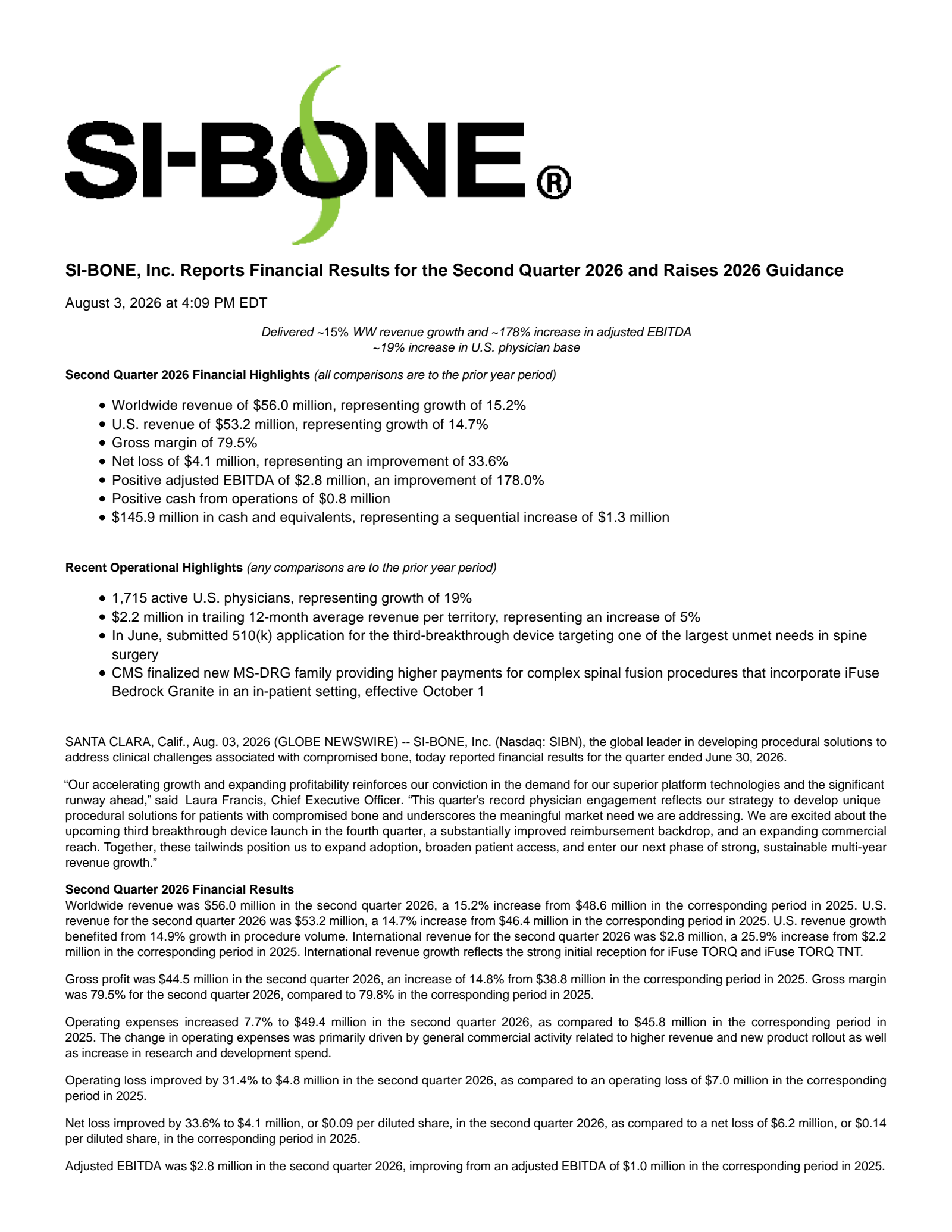 SiBone's Q2 2026 Press Release