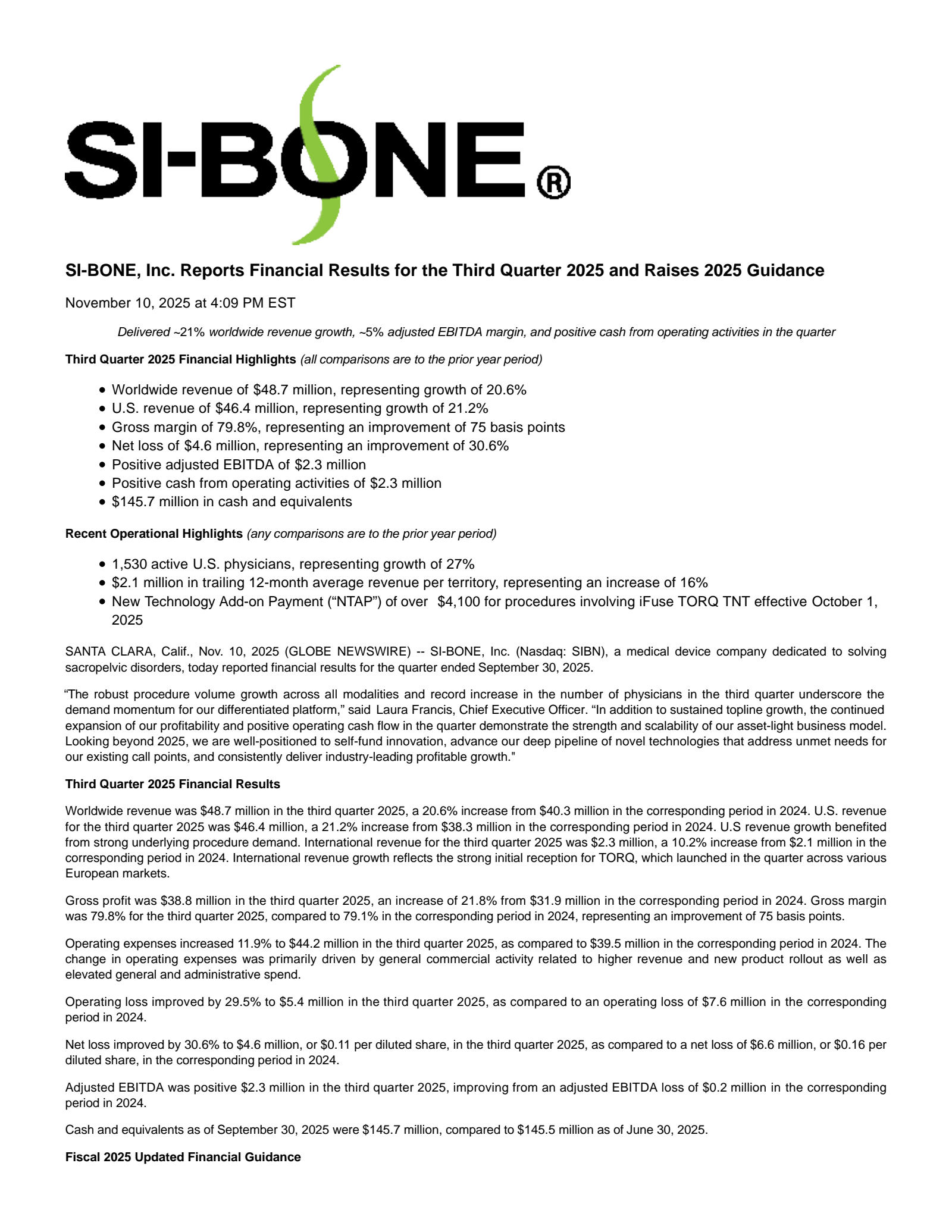 SiBone's Q3 2025 Earnings Release