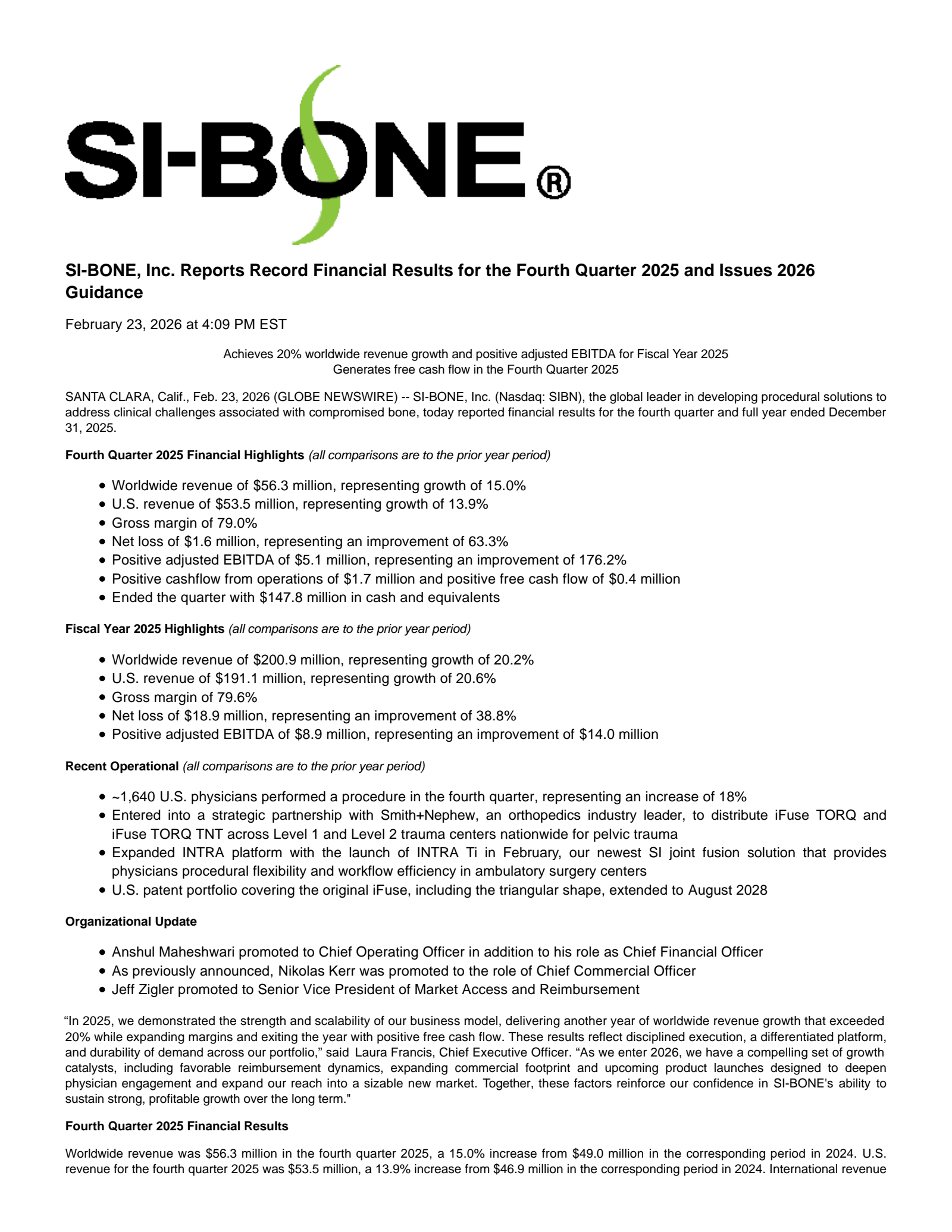SiBone's Q4 2025 Press Release