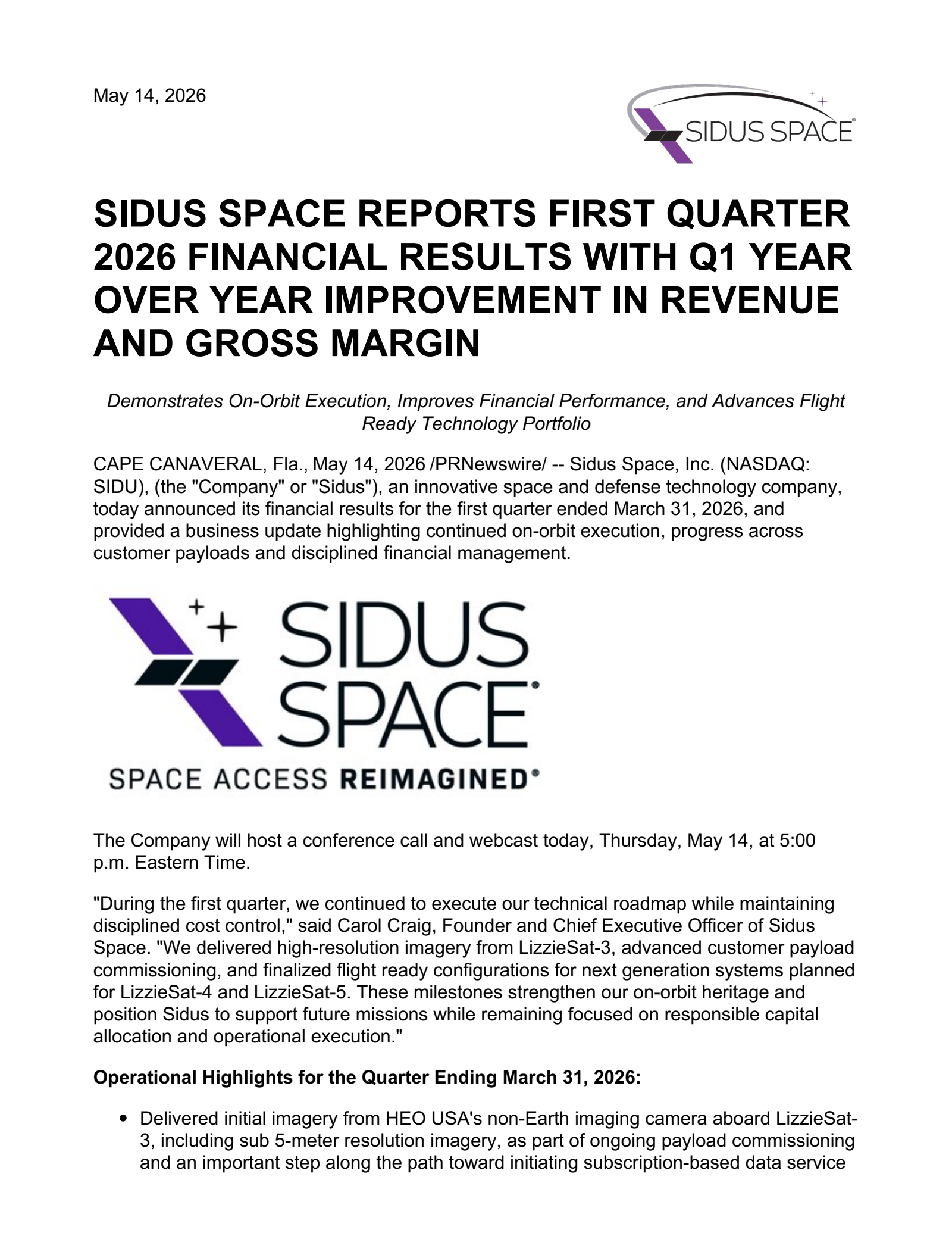 Sidus Space's Q1 2026 Press Release