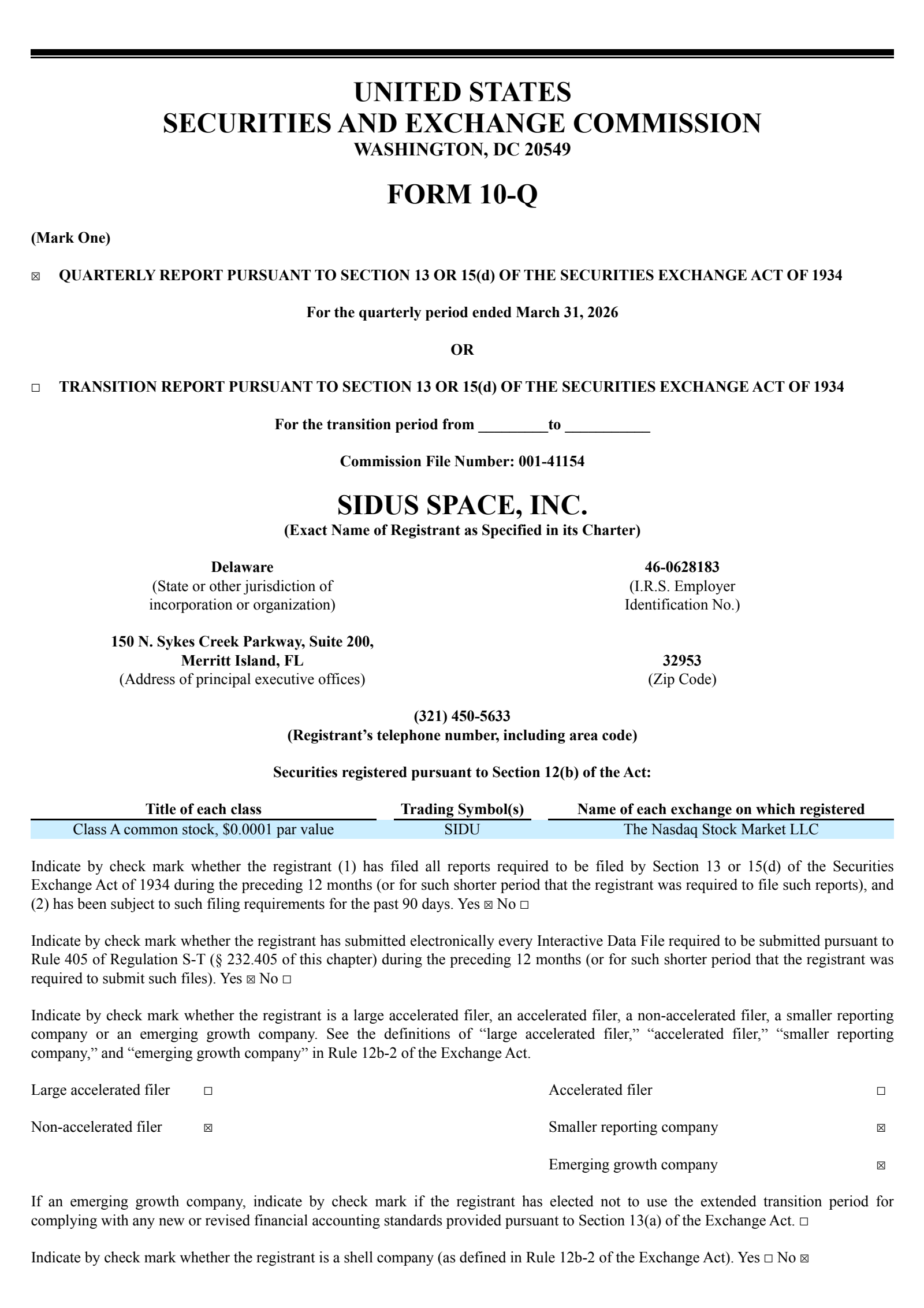 Sidus Space's Q1 2026 Quarterly report