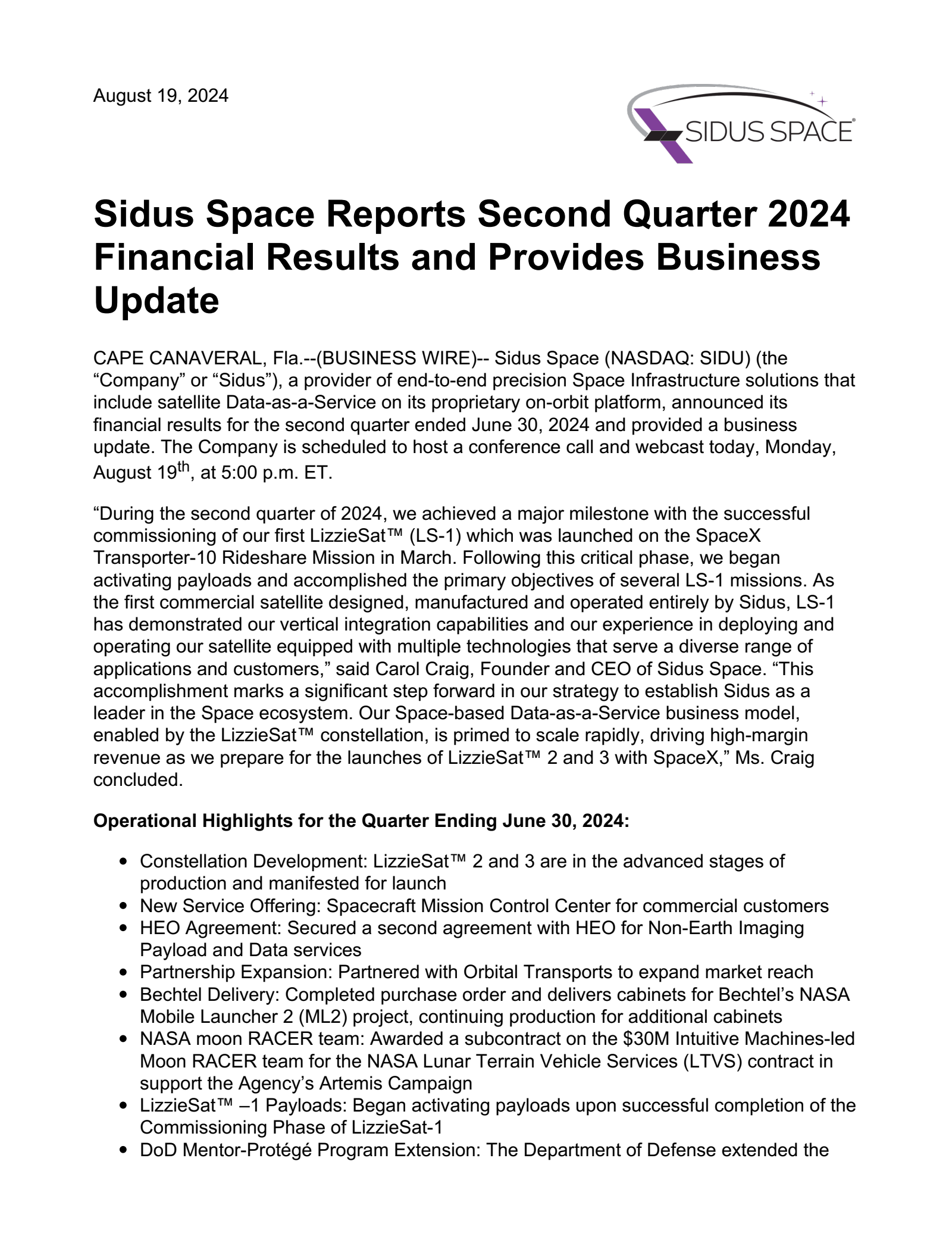 Sidus Space's Q2 2024 Press Release