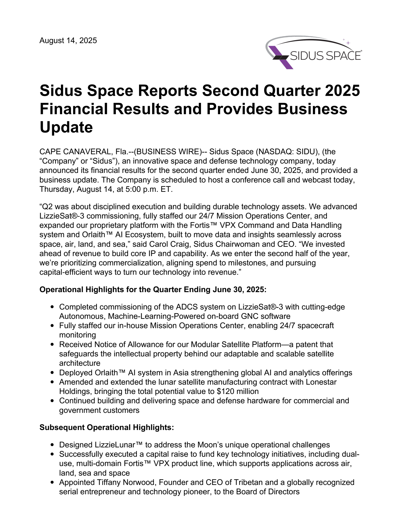 Sidus Space's Q2 2025 Press Release