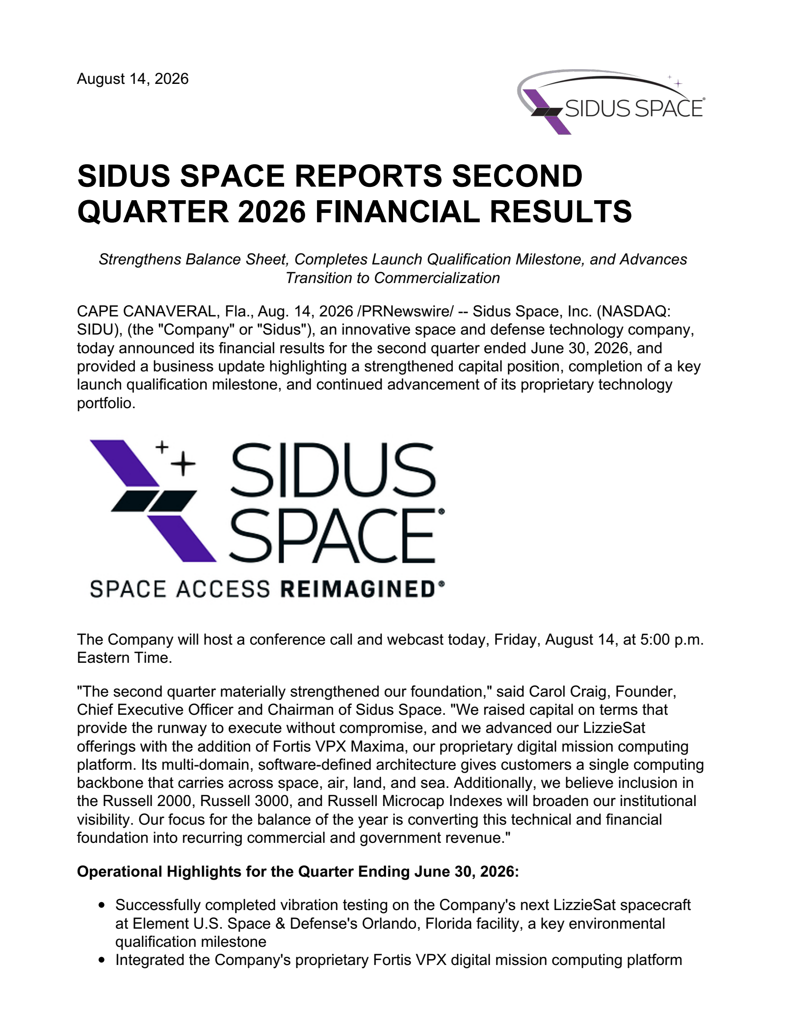 Sidus Space's Q2 2026 Press Release
