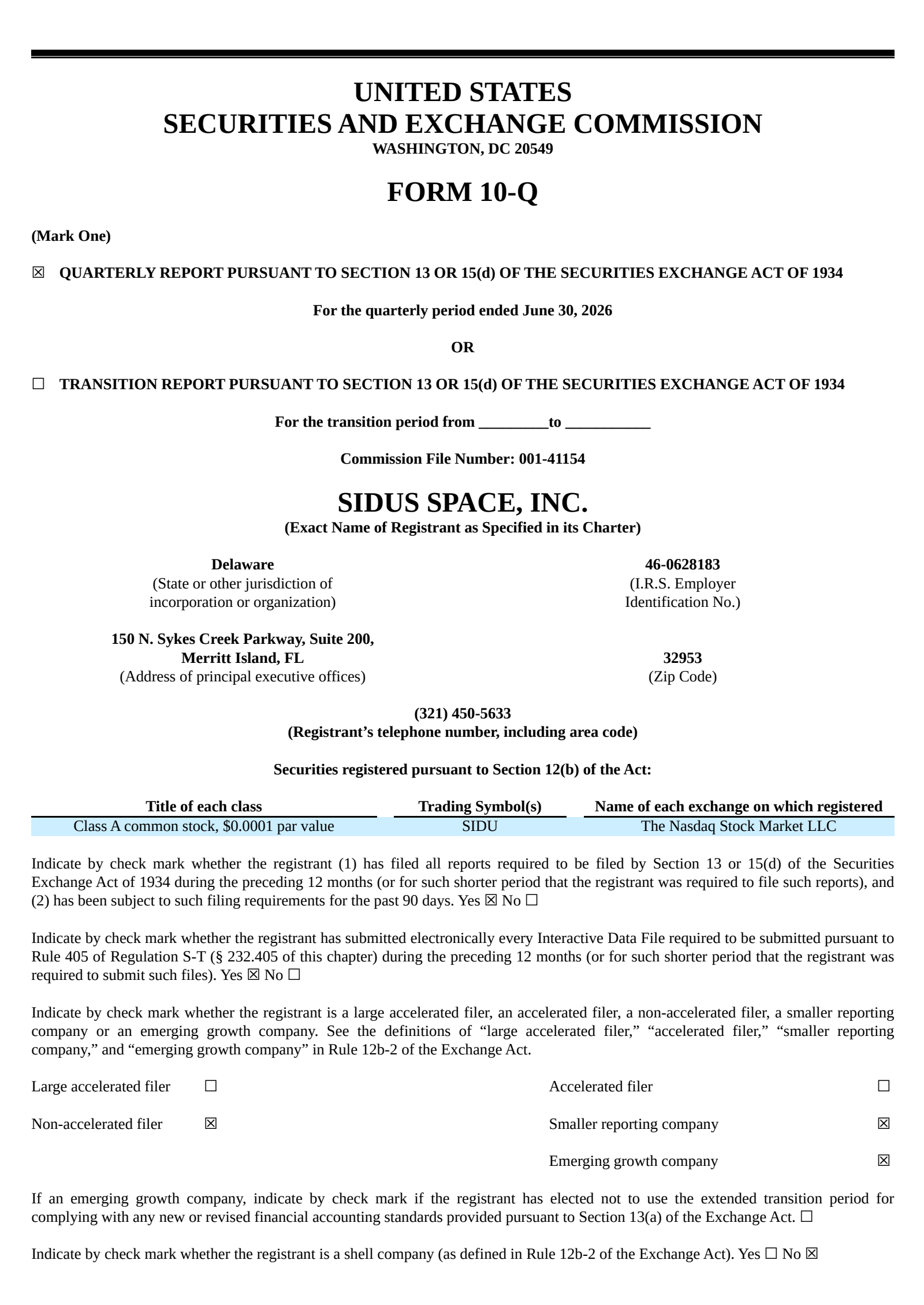 Sidus Space's Q2 2026 Quarterly report