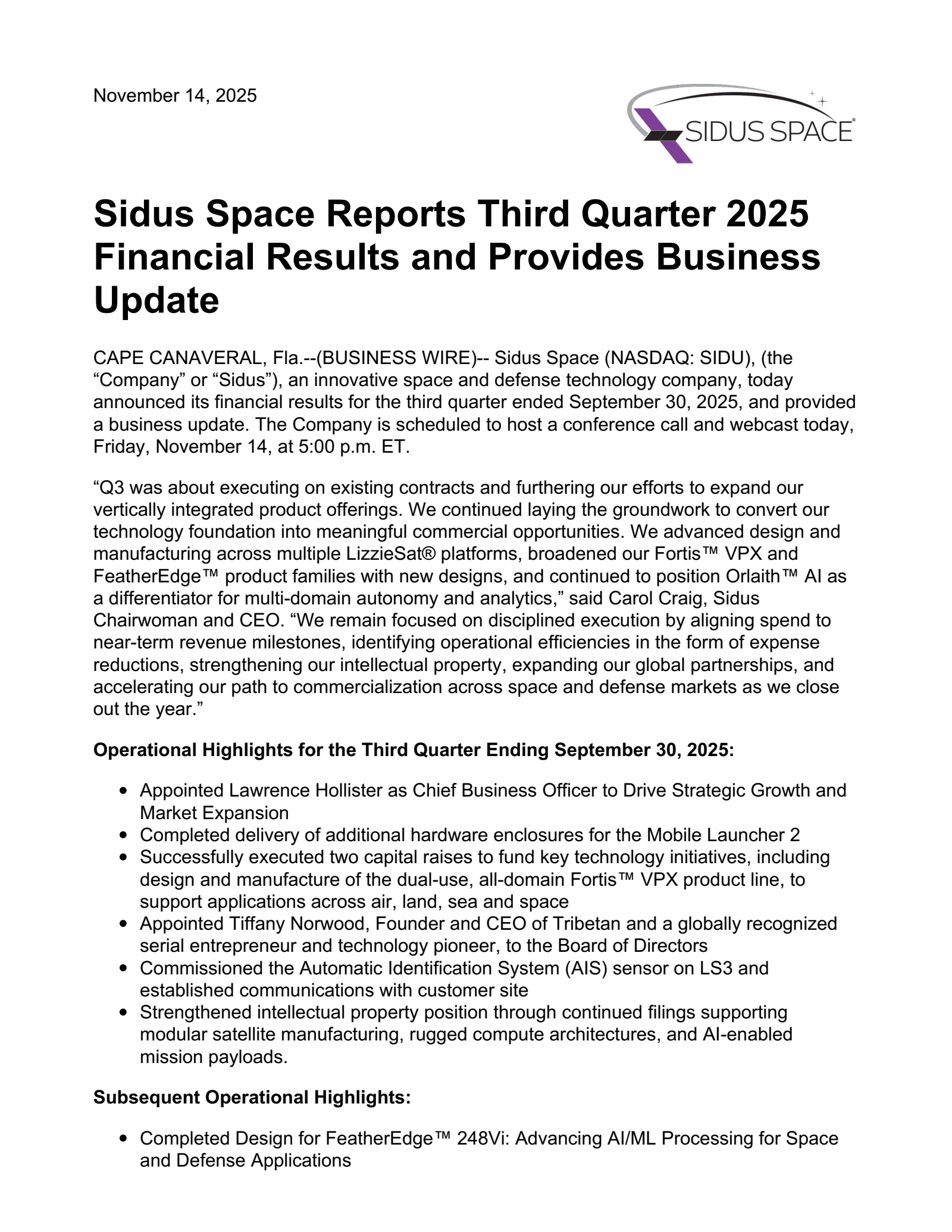 Sidus Space's Q3 2025 Earnings Release