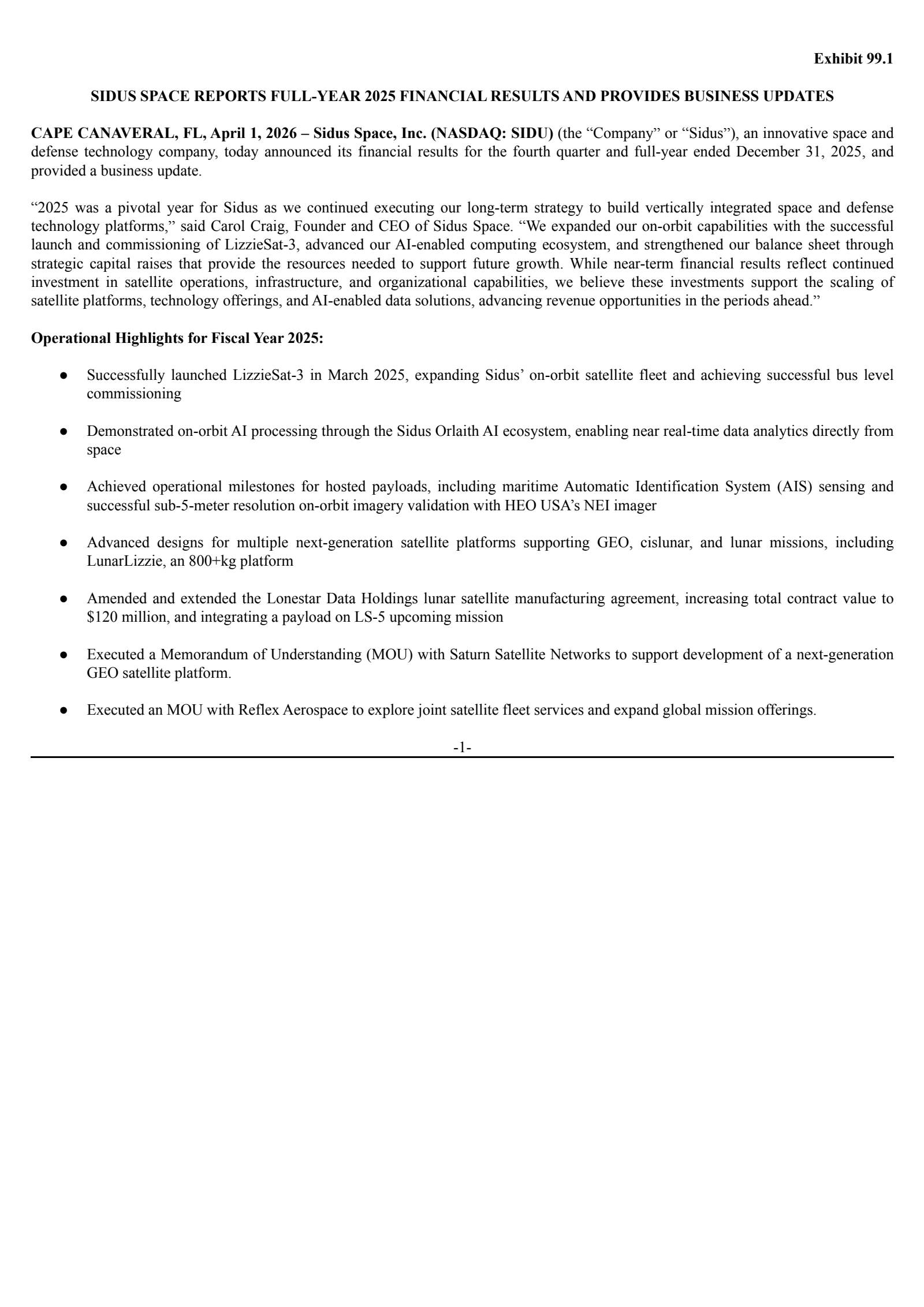 Sidus Space's Q4 2025 Press Release