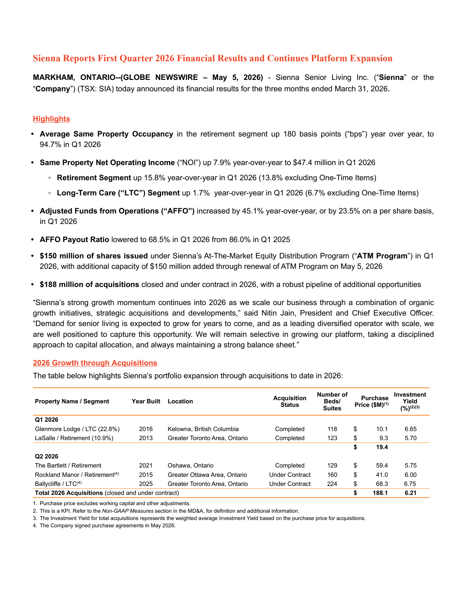 Sienna Senior Living's Q1 2026 Press Release