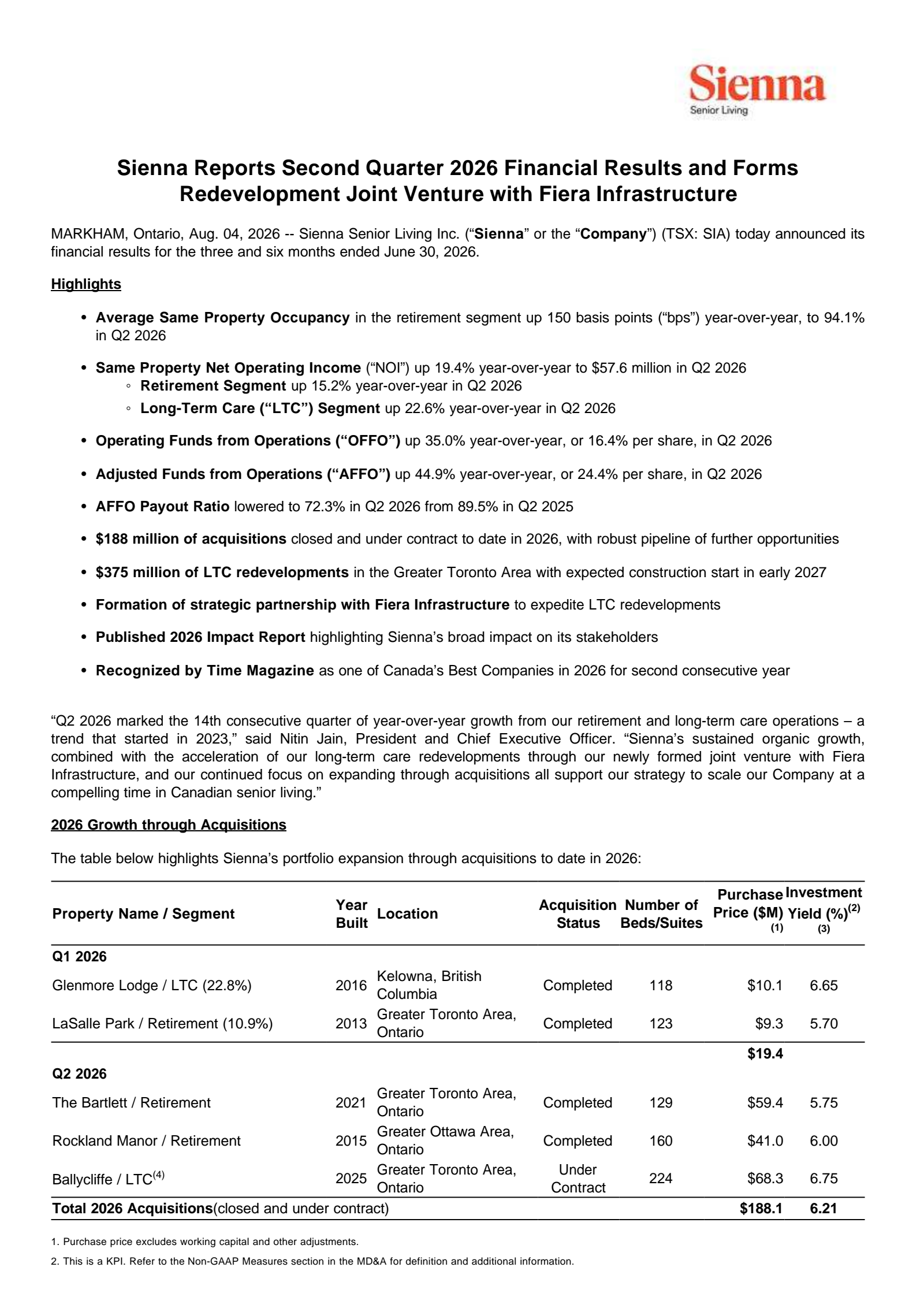 Sienna Senior Living's Q2 2026 Press Release
