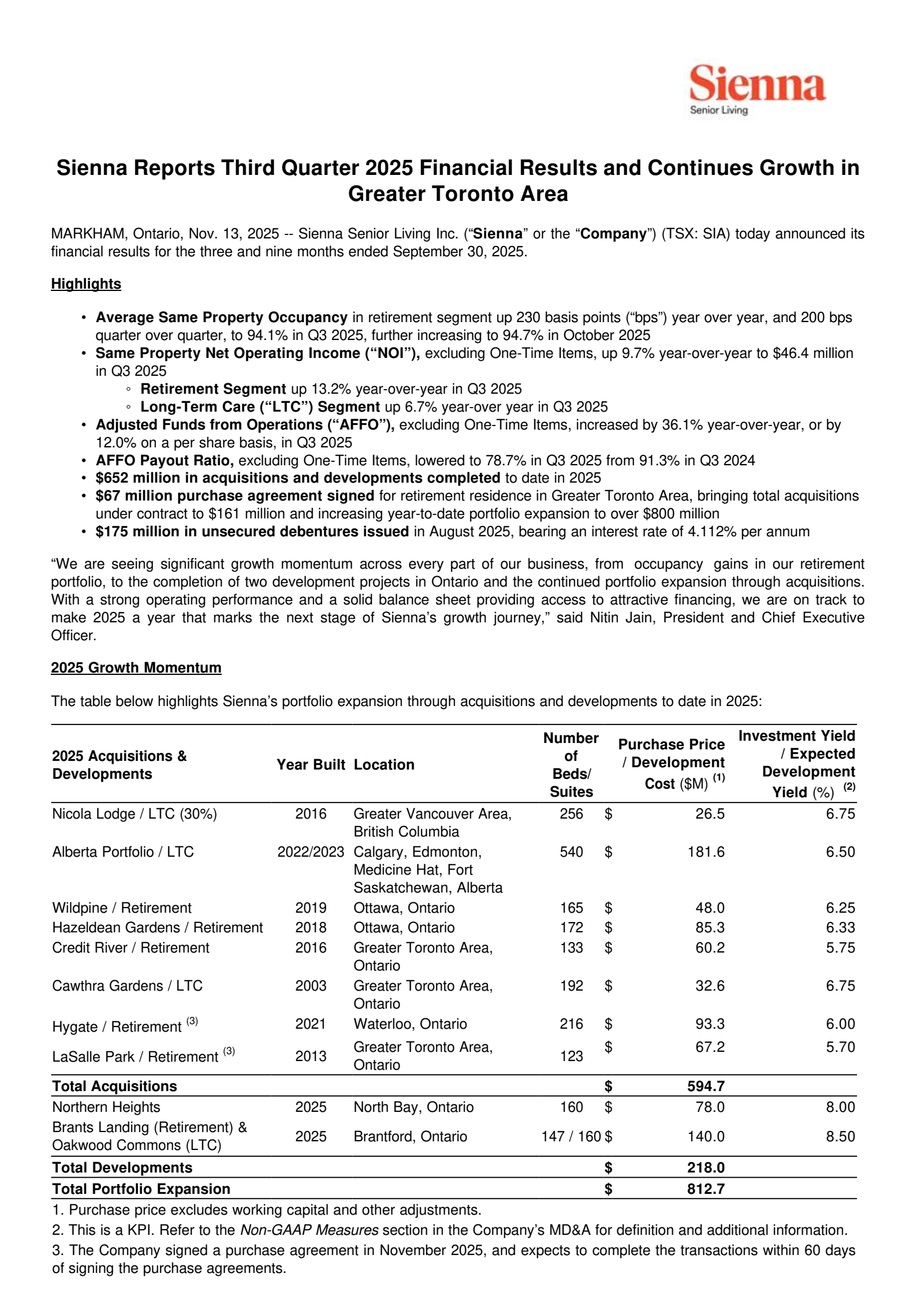 Sienna Senior Living's Q3 2025 Earnings Release