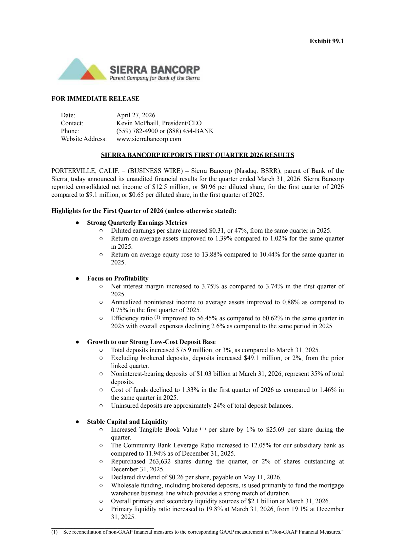 Sierra Bancorp's Q1 2026 Press Release