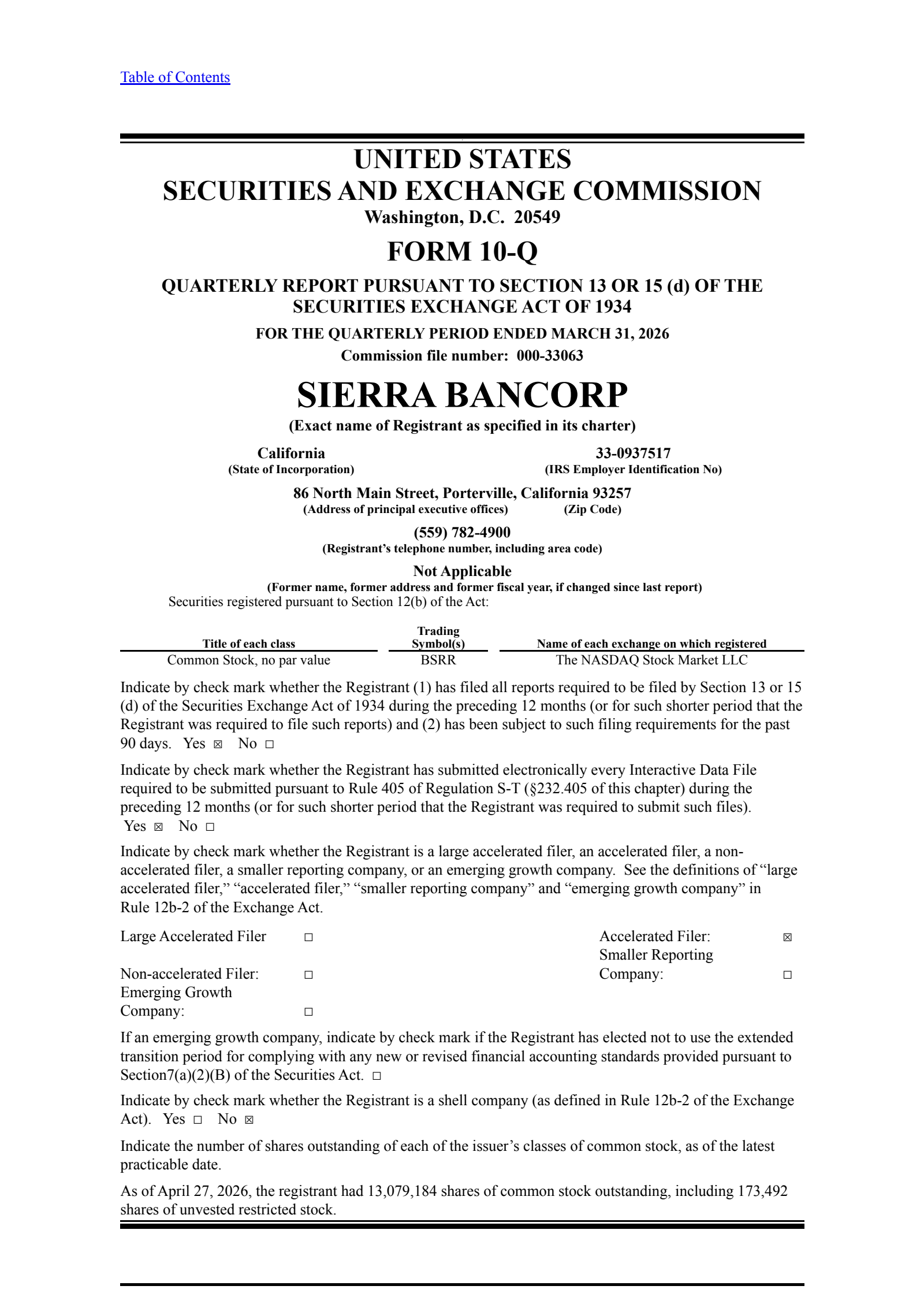 Sierra Bancorp's Q1 2026 Quarterly report