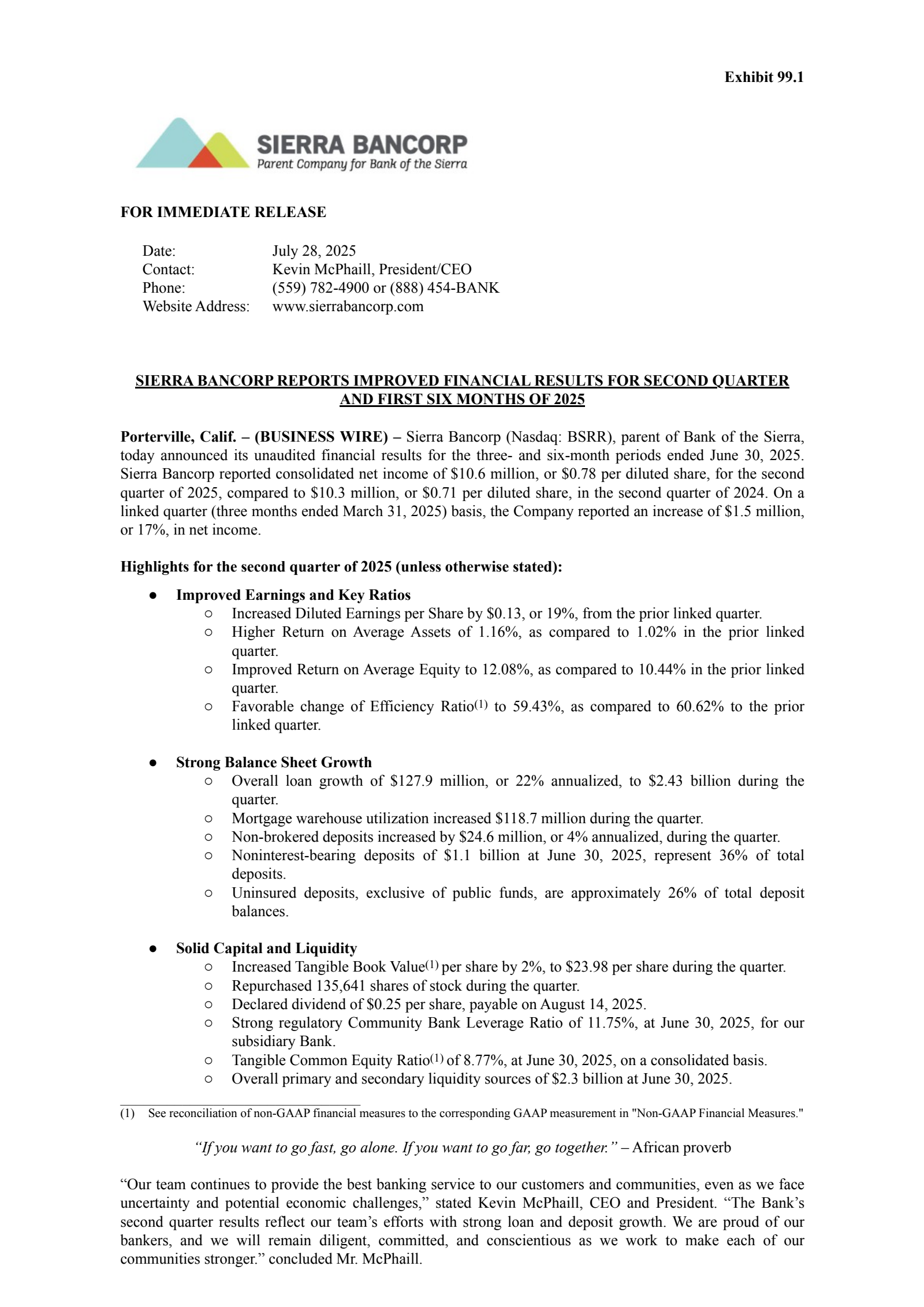 Sierra Bancorp's Q2 2025 Press Release