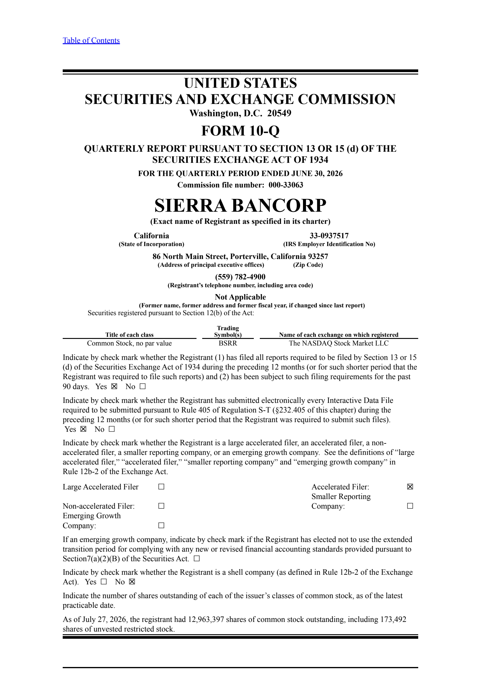 Sierra Bancorp's Q2 2026 Quarterly report