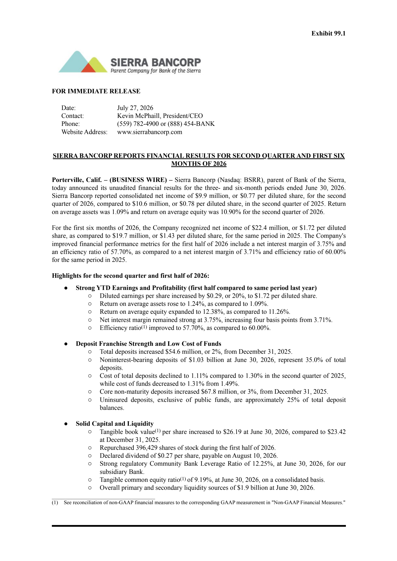 Sierra Bancorp's Q2 2026 Press Release