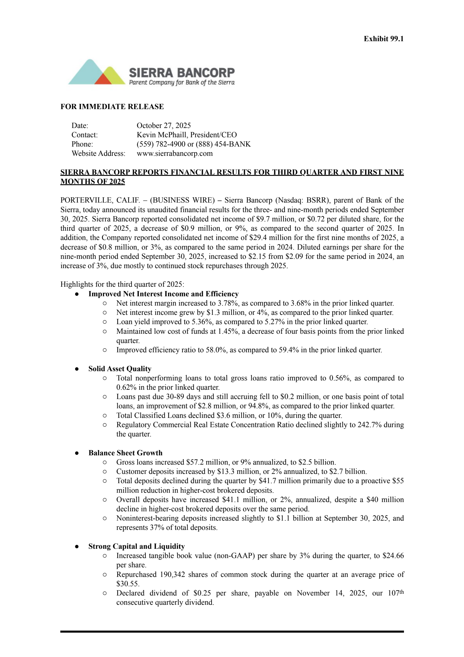 Sierra Bancorp's Q3 2025 Earnings Release