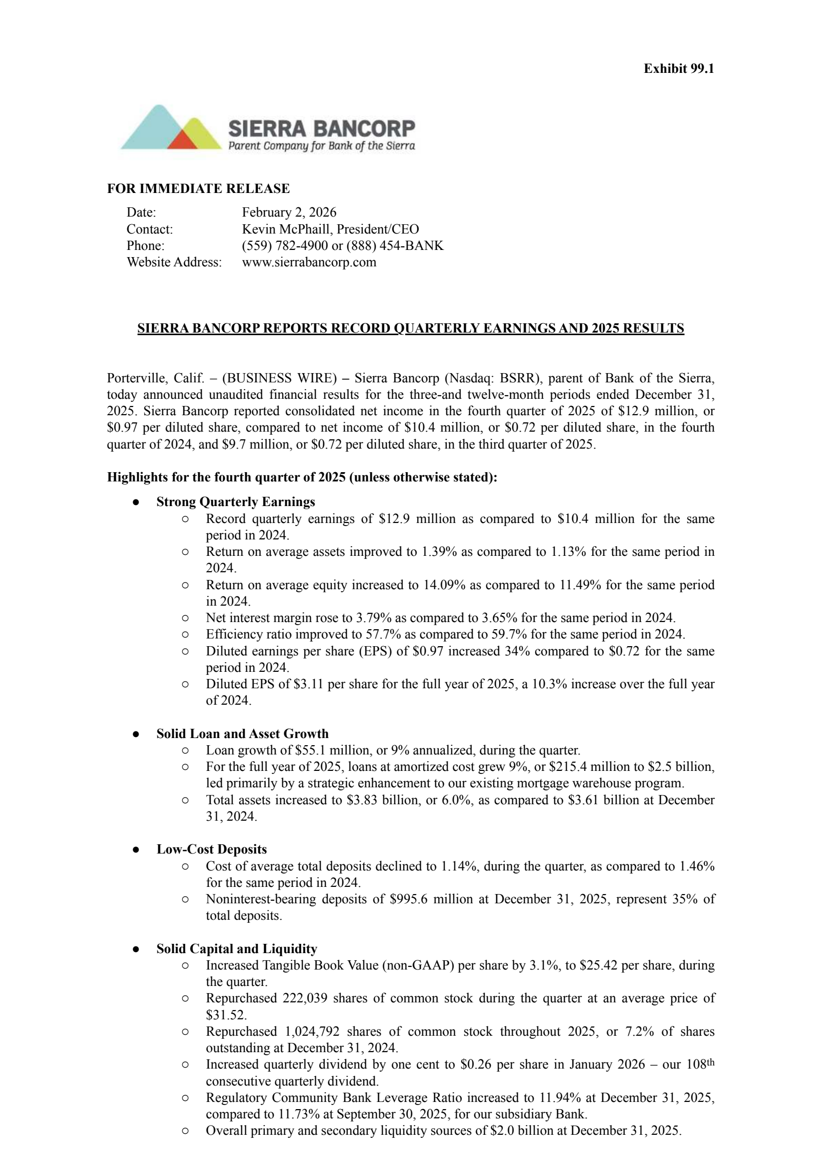 Sierra Bancorp's Q4 2025 Press Release