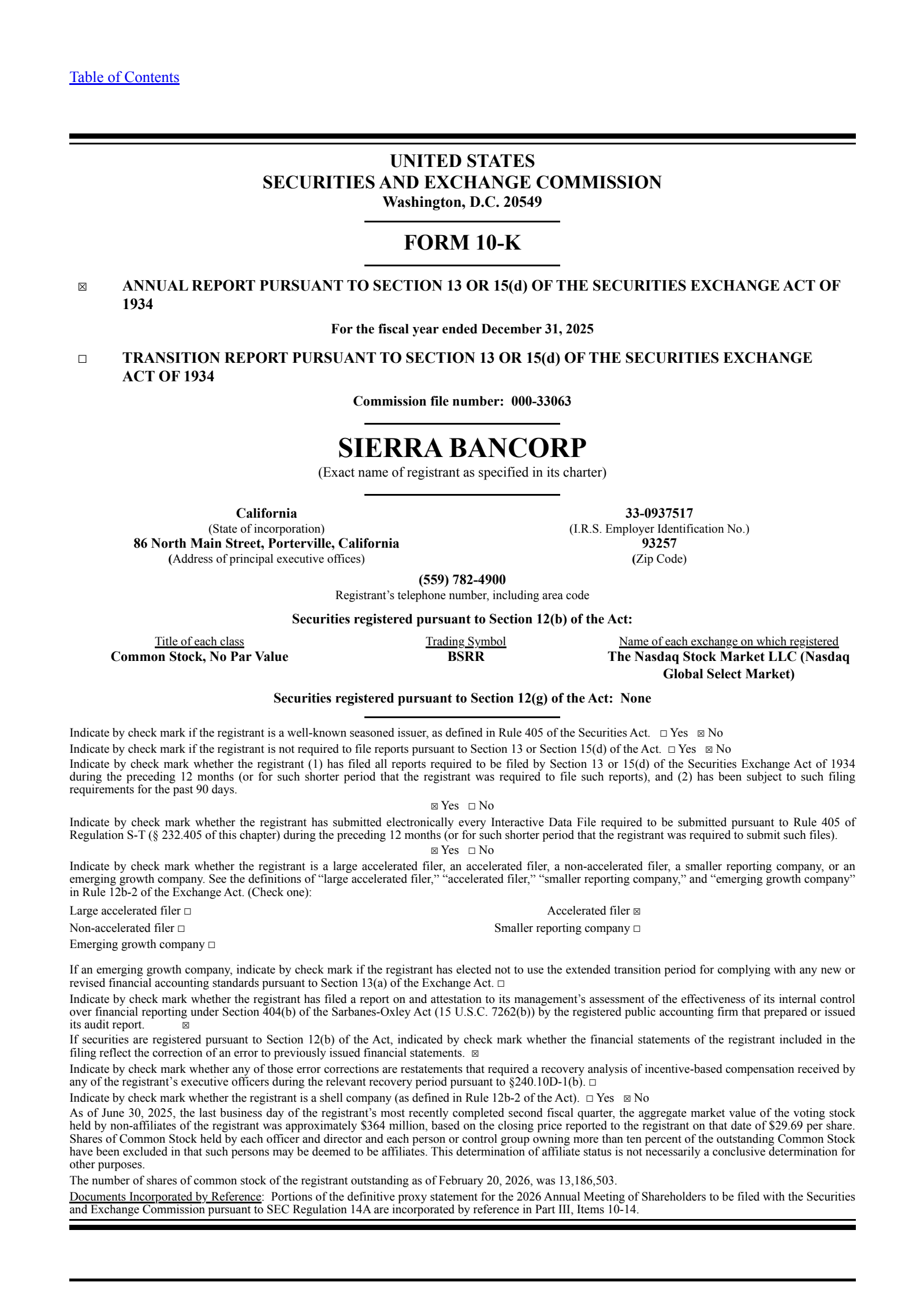 Sierra Bancorp's Q4 2025 Annual report