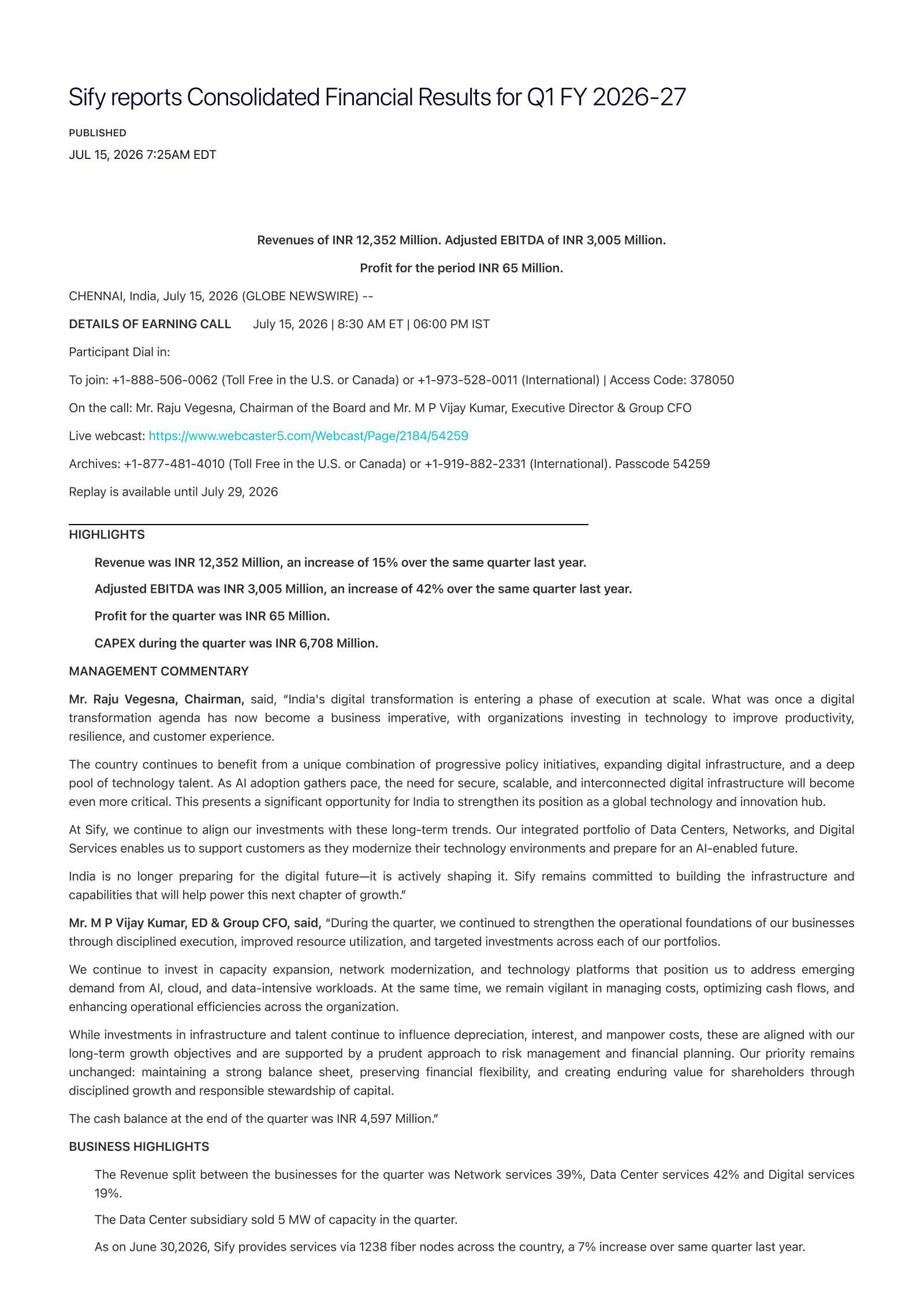 Sify Technologies' Q1 2027 Press Release