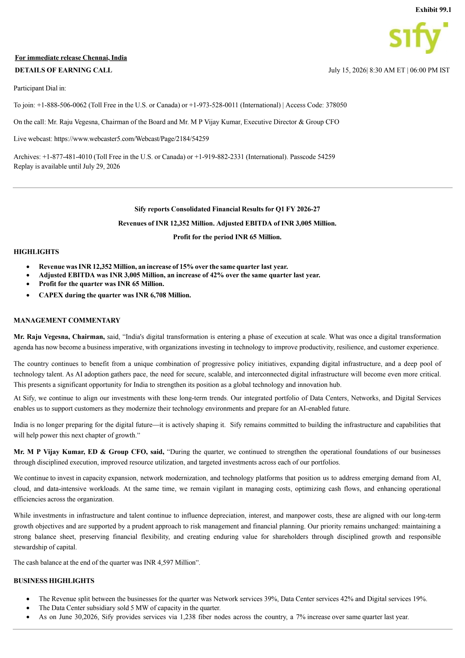 Sify Technologies' Q1 2027 Press Release