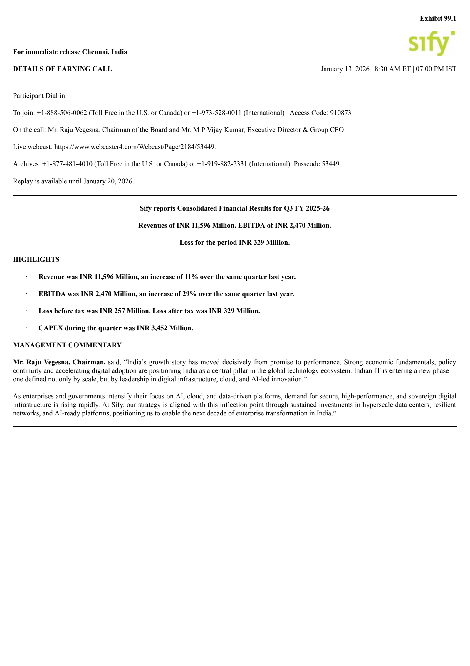 Sify Technologies' Q3 2026 Press Release