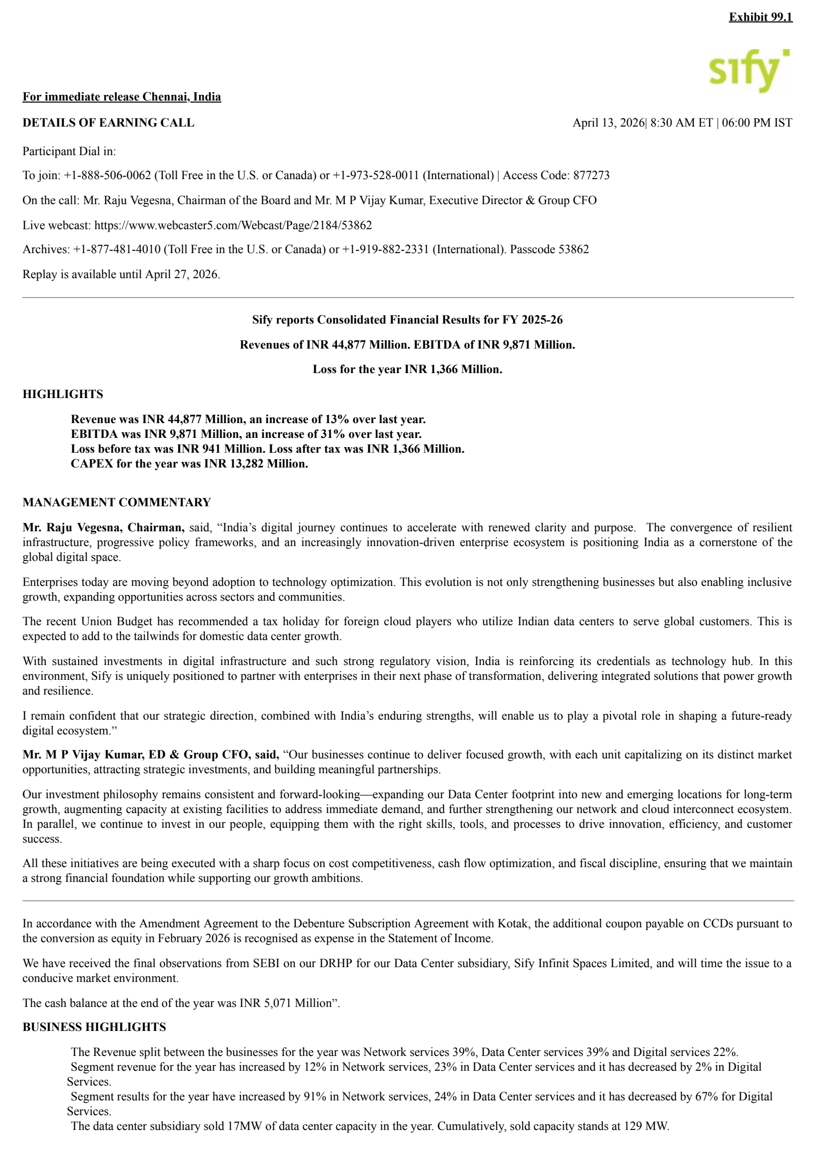 Sify Technologies' Q4 2026 Press Release