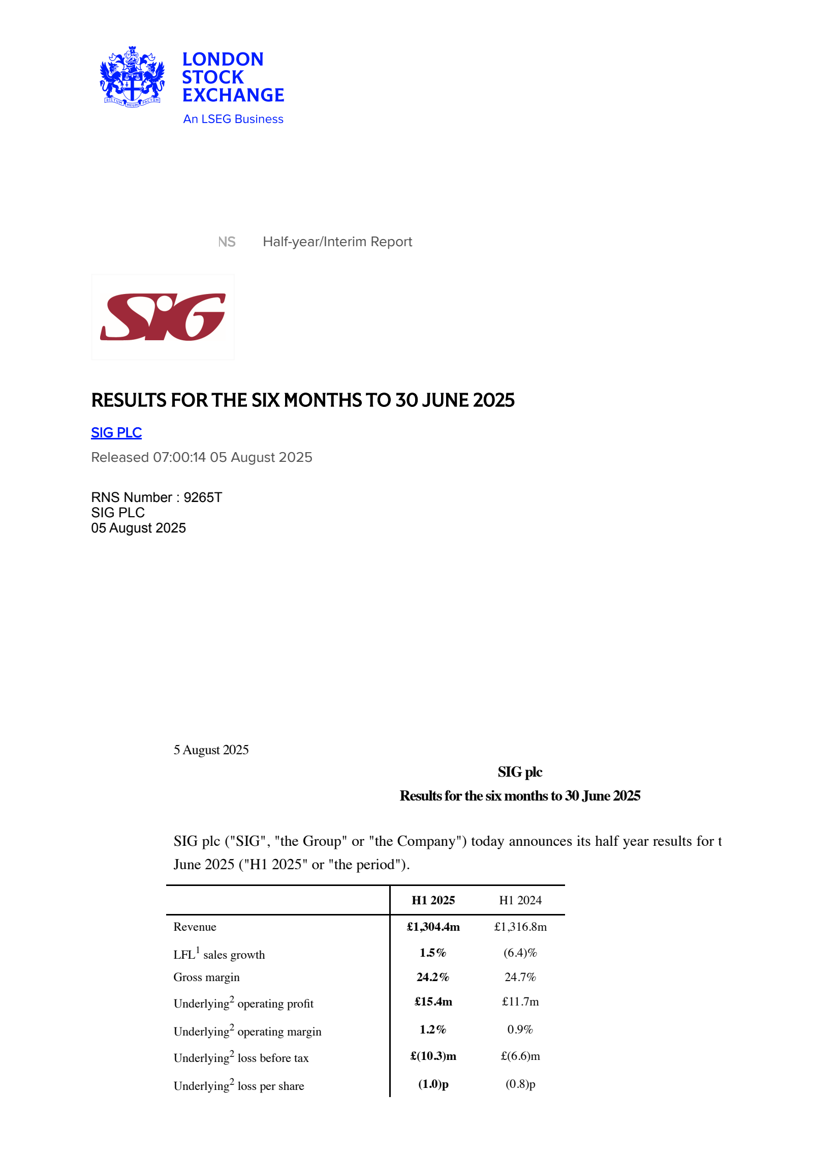 SIG's H1 2025 Interim report