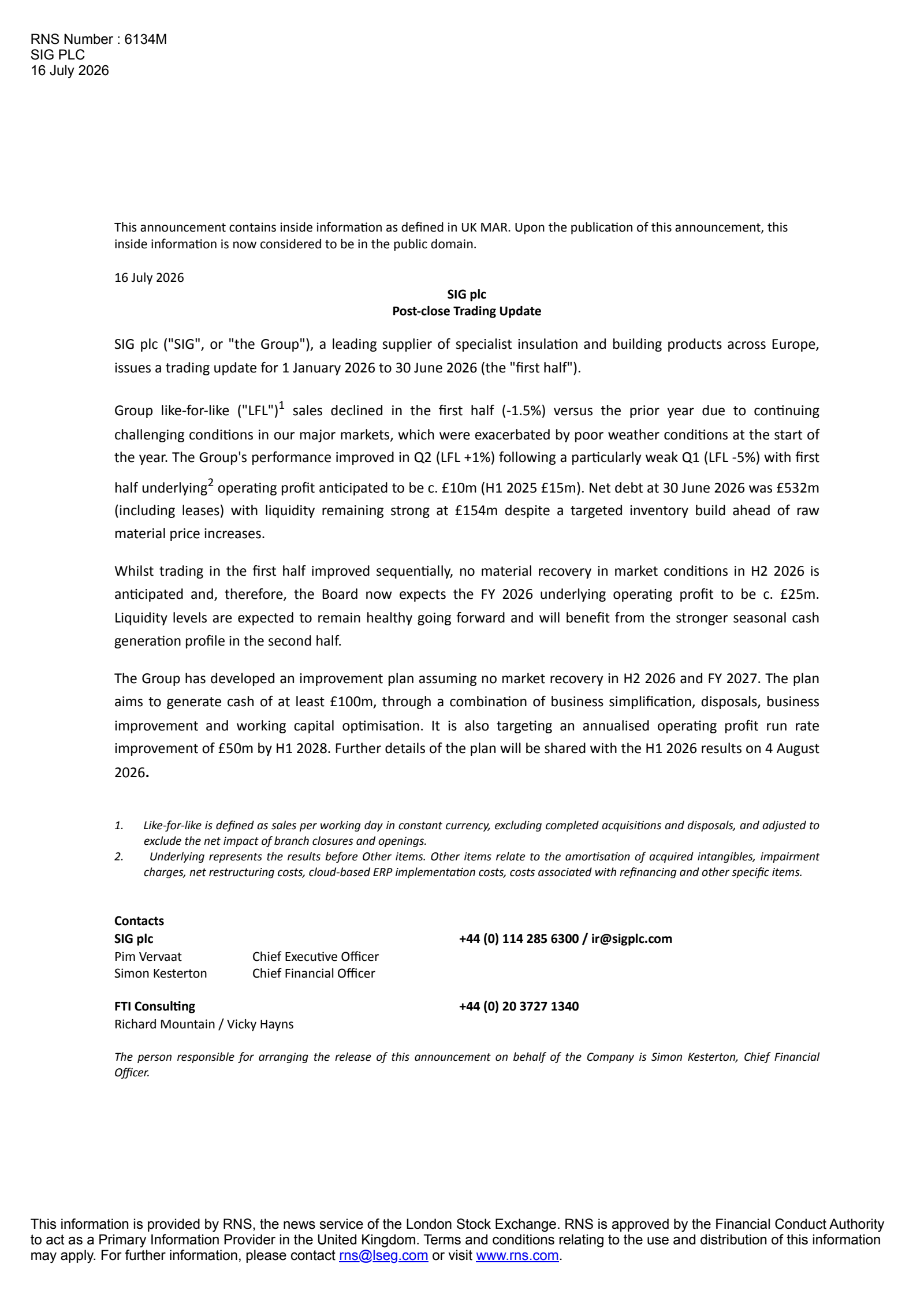 SIG's H1 2026 TU Press Release