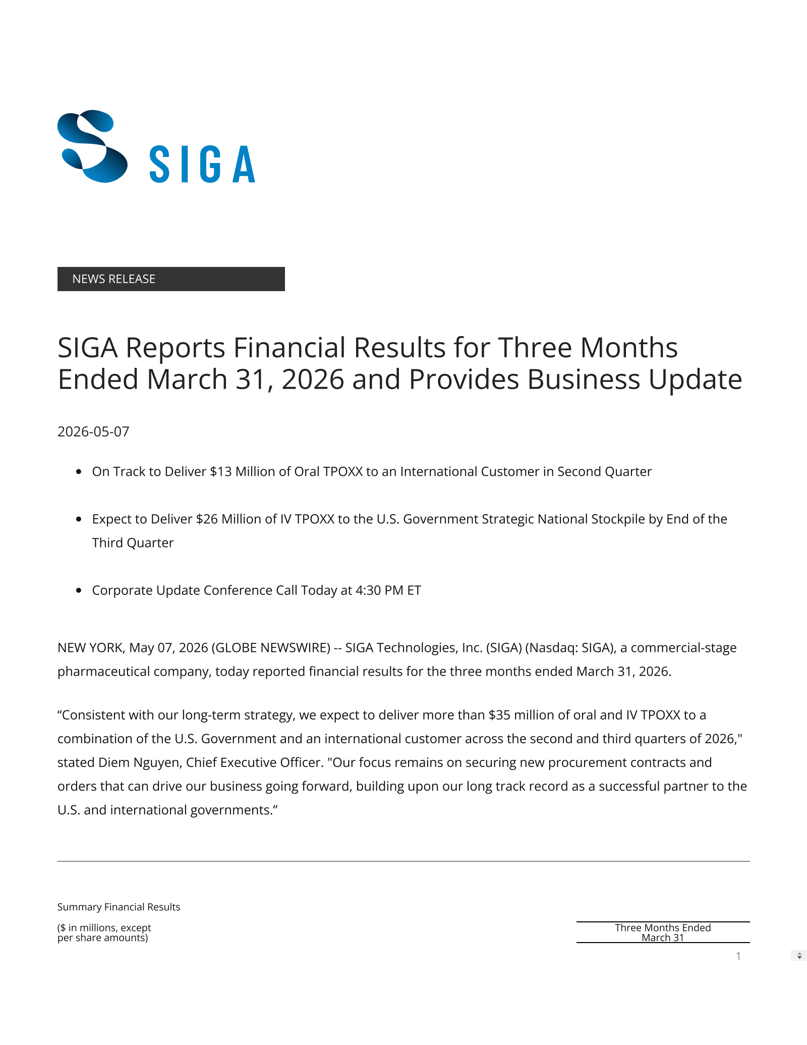 Siga Technologies' Q1 2026 Press Release