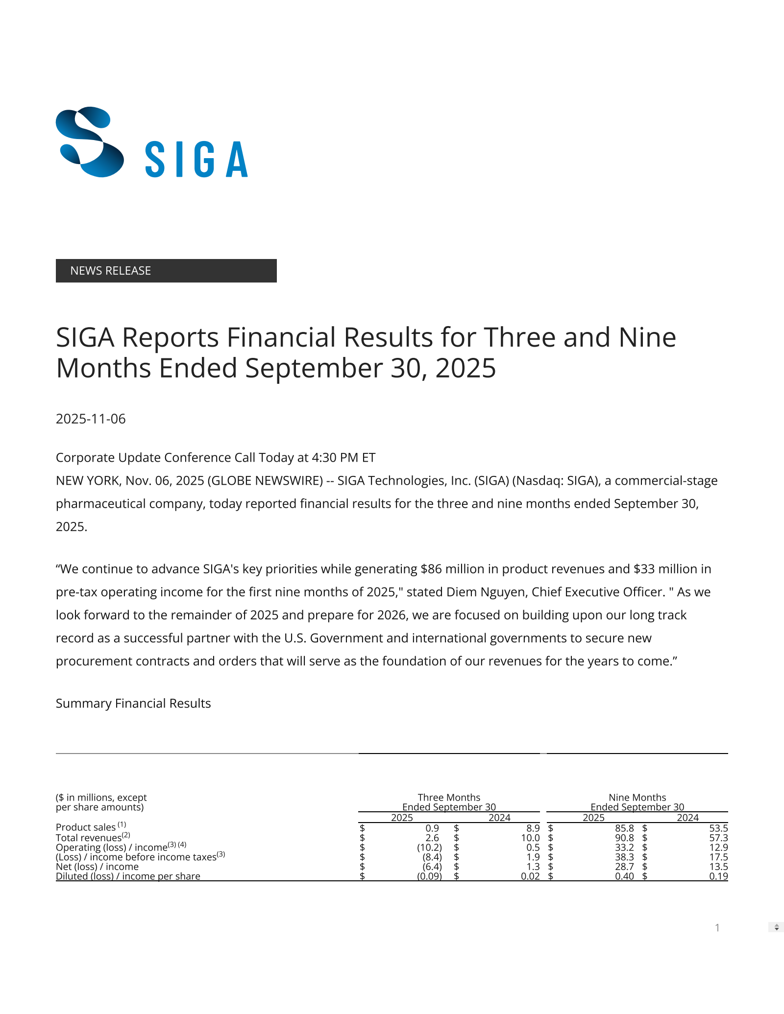 Siga Technologies' Q3 2025 Earnings Release