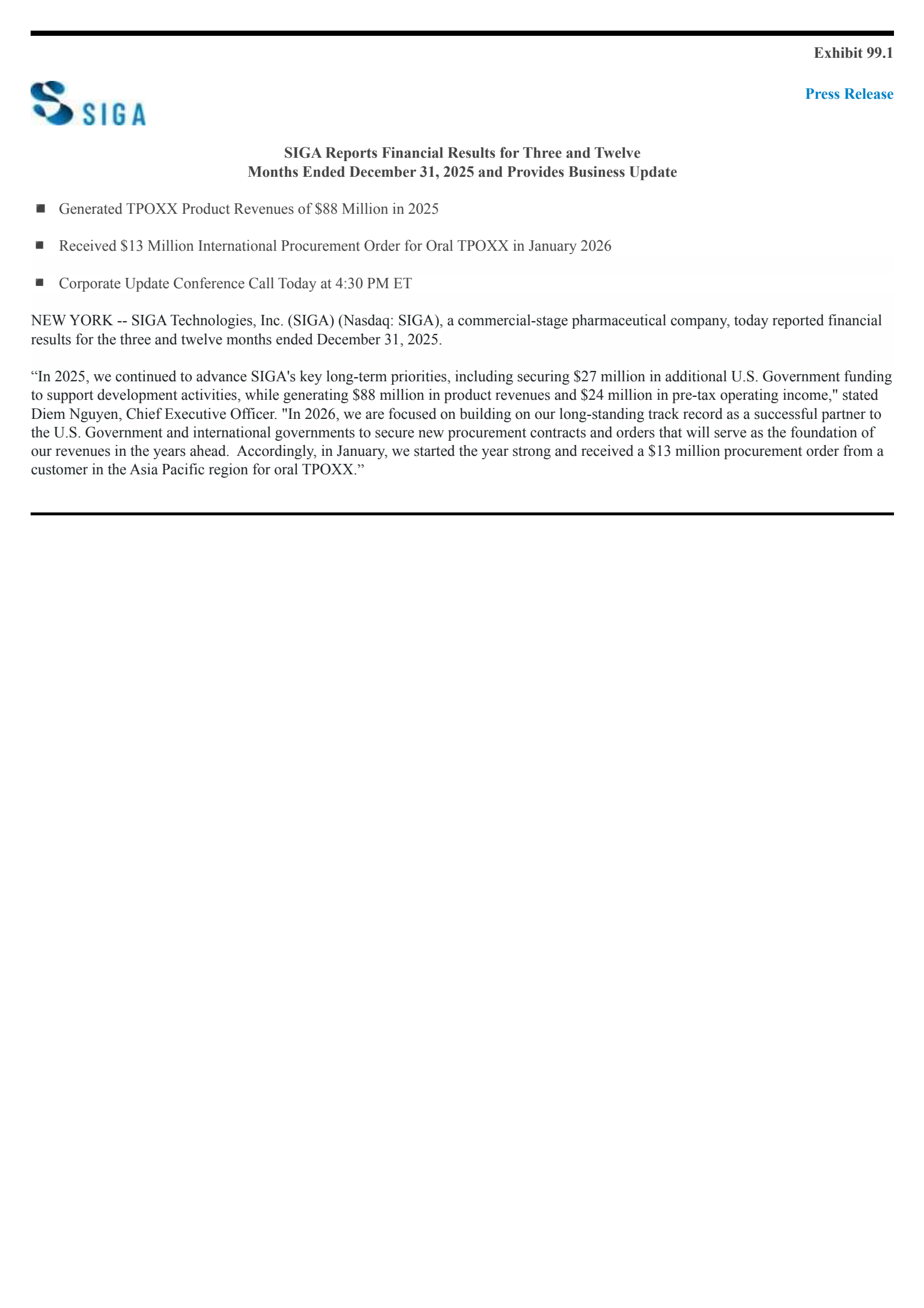Siga Technologies' Q4 2025 Press Release