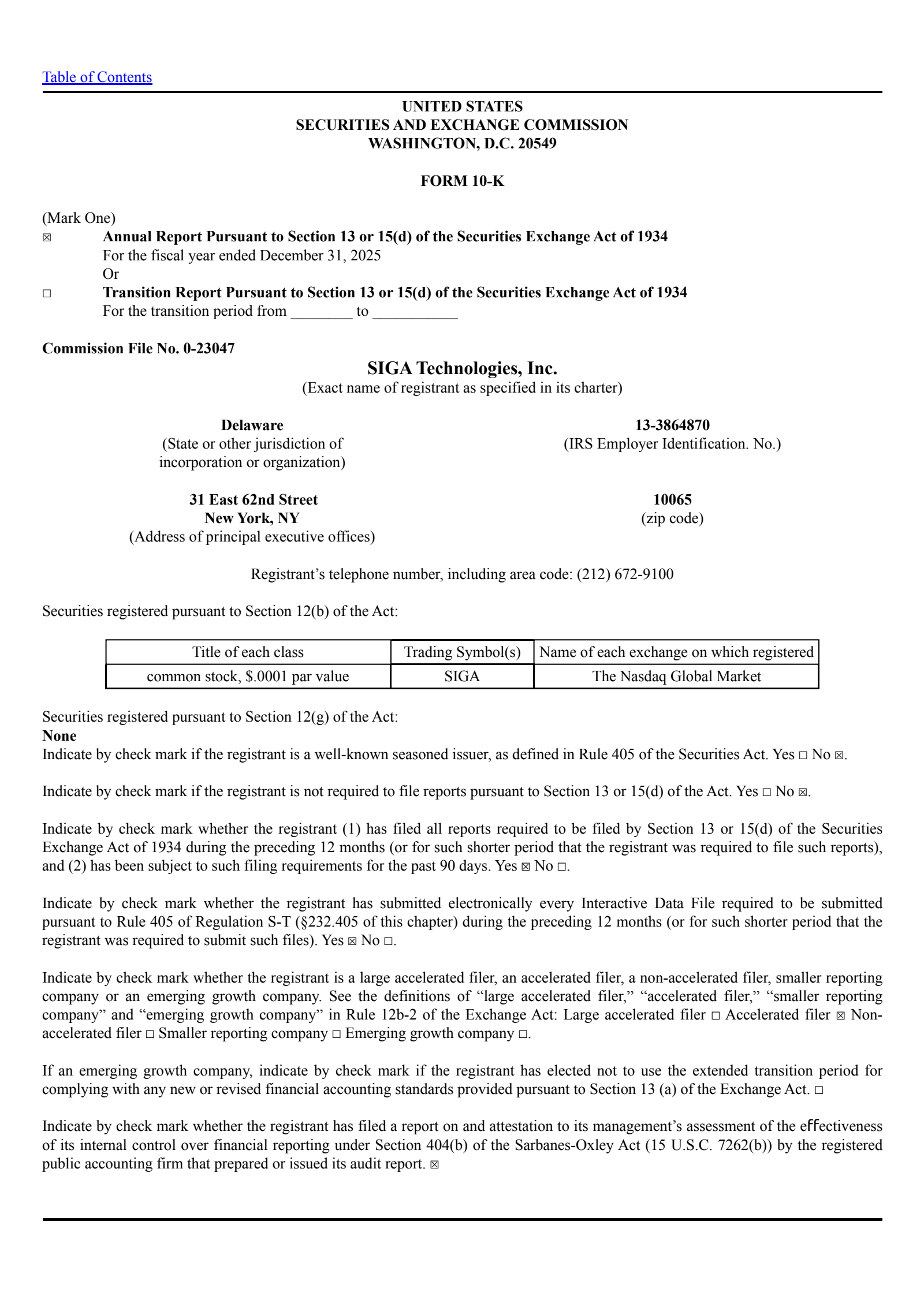 Siga Technologies' Q4 2025 Annual report