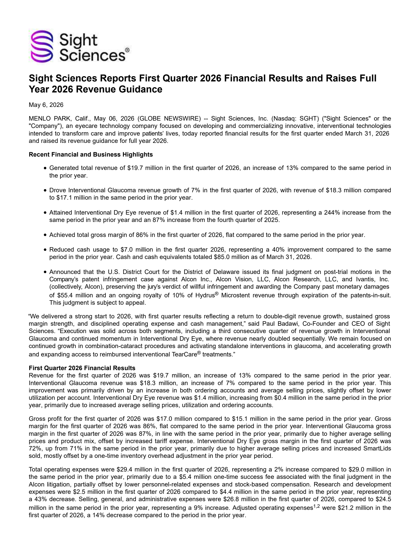 Sight Sciences' Q1 2026 Press Release