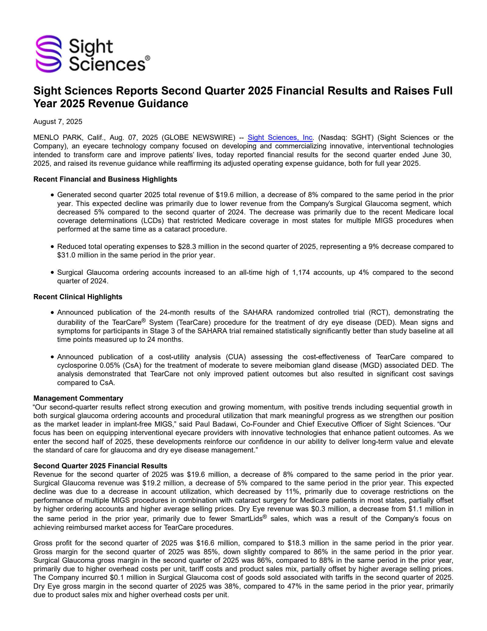 Sight Sciences' Q2 2025 Press Release
