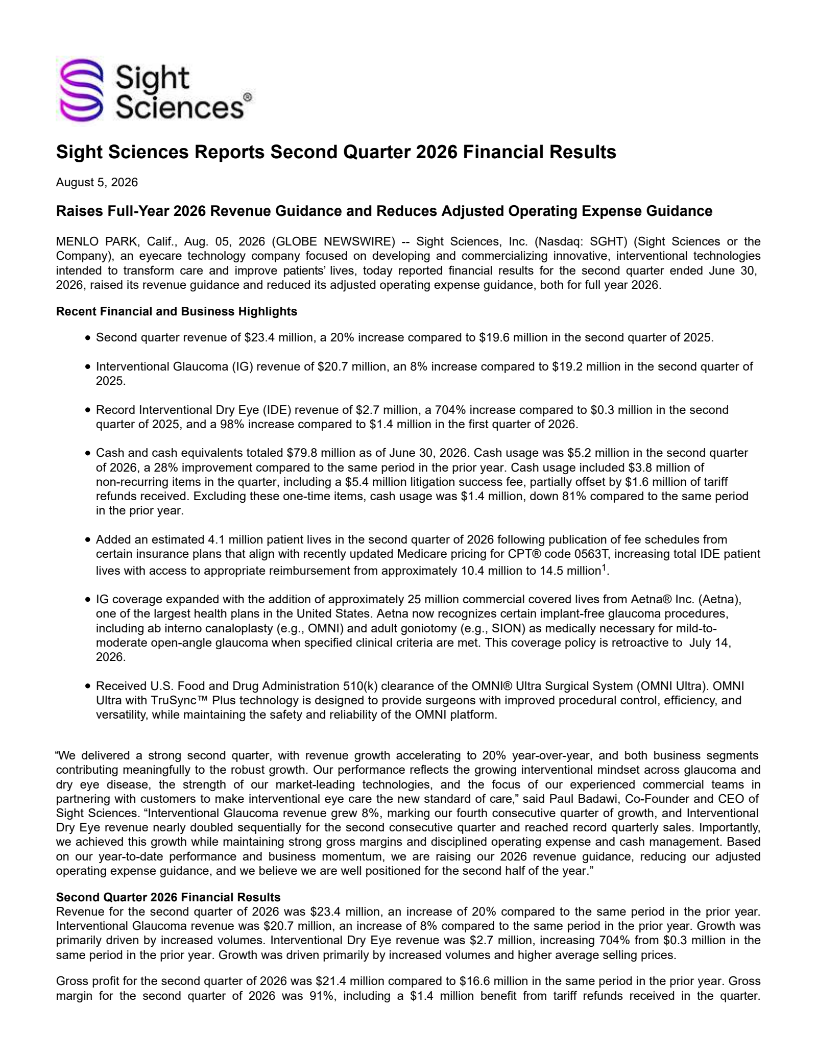 Sight Sciences' Q2 2026 Press Release