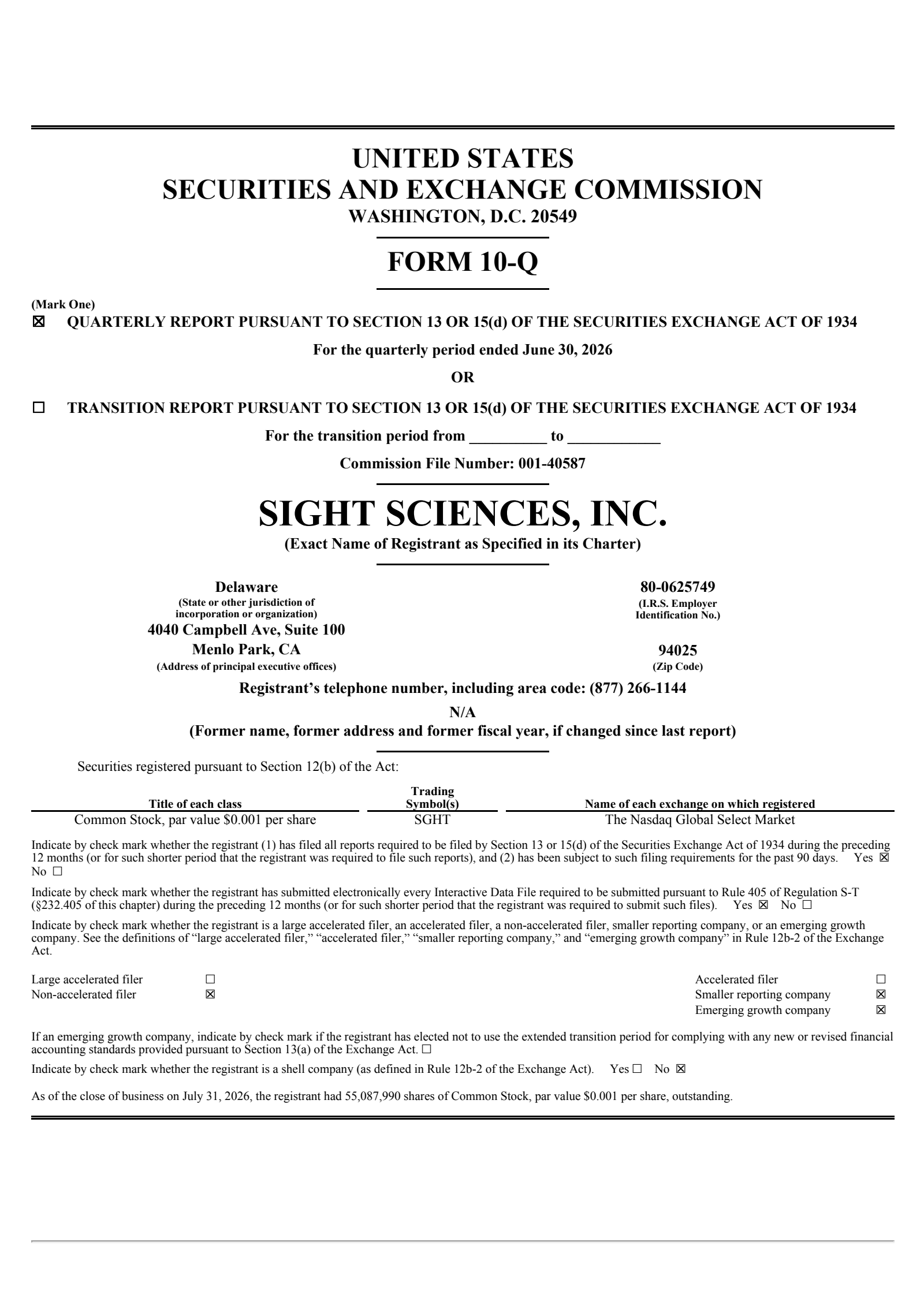 Sight Sciences' Q2 2026 Quarterly report