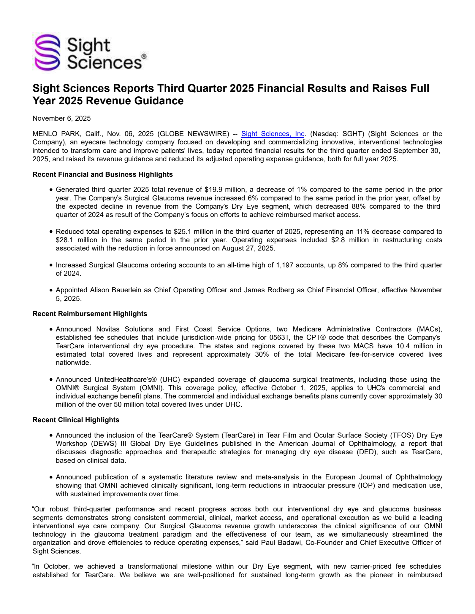 Sight Sciences' Q3 2025 Earnings Release