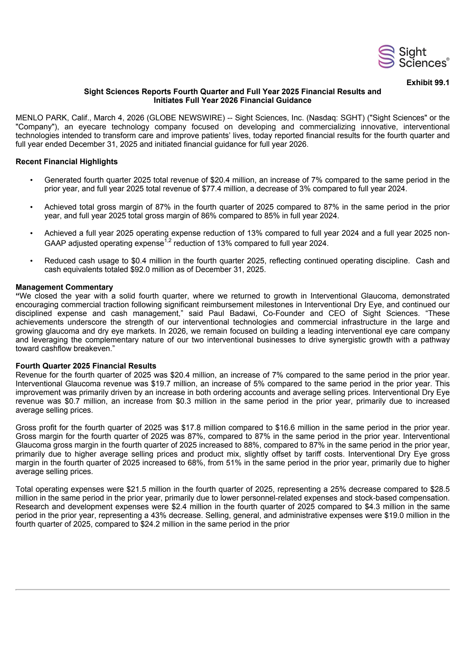 Sight Sciences' Q4 2025 Press Release
