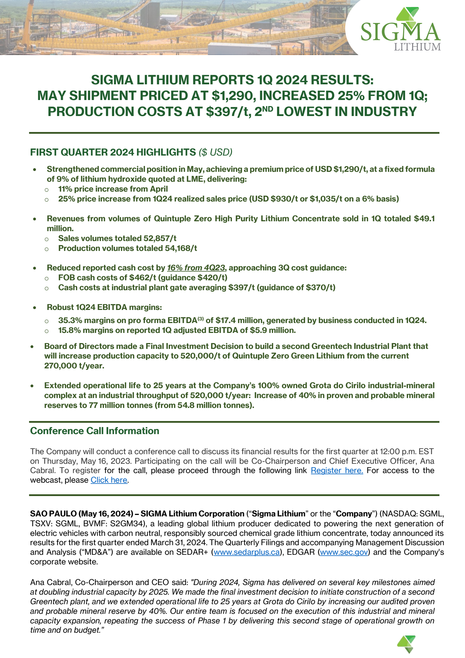 Sigma Lithium's Q1 2024 Press Release