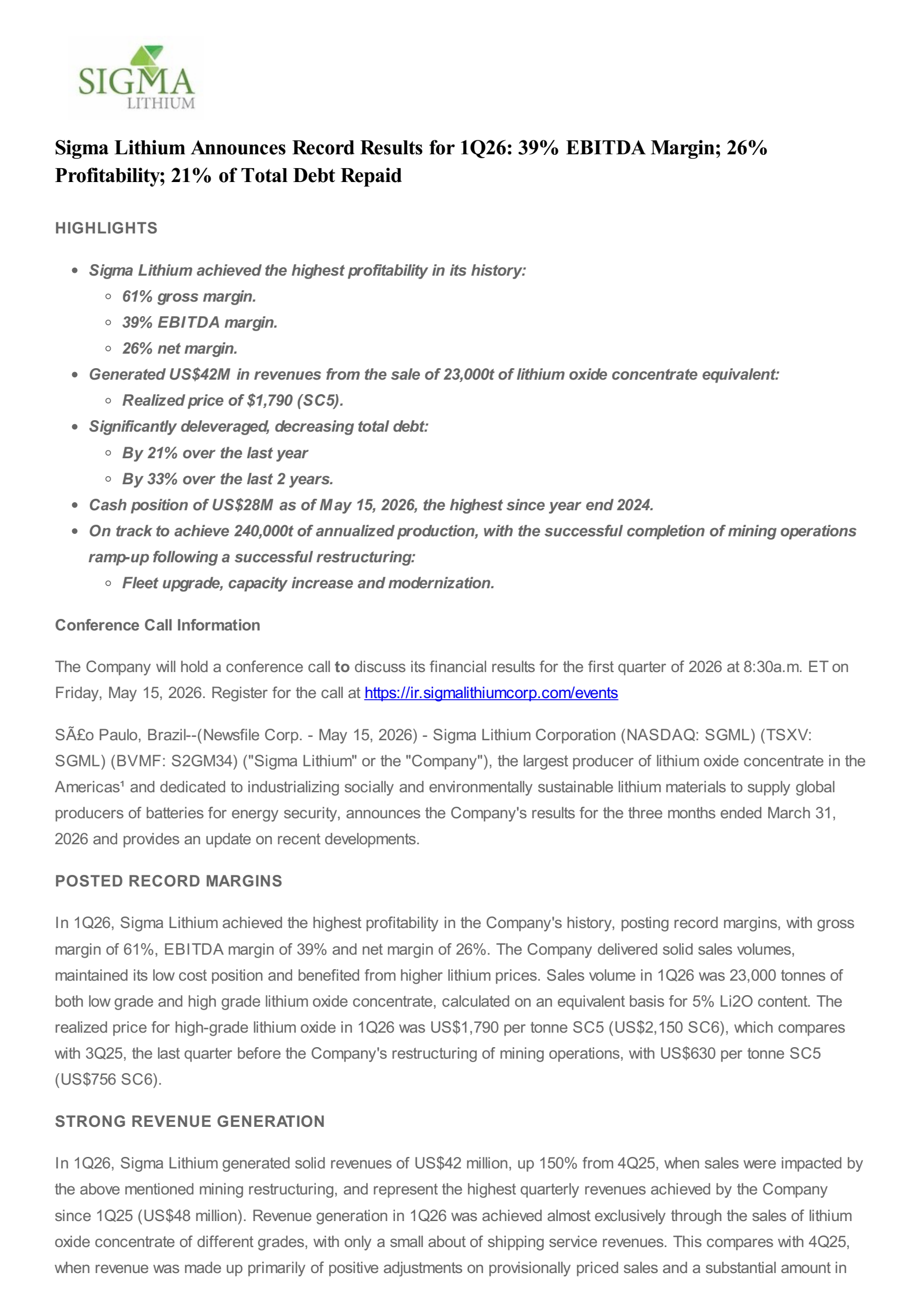 Sigma Lithium's Q1 2026 Press Release