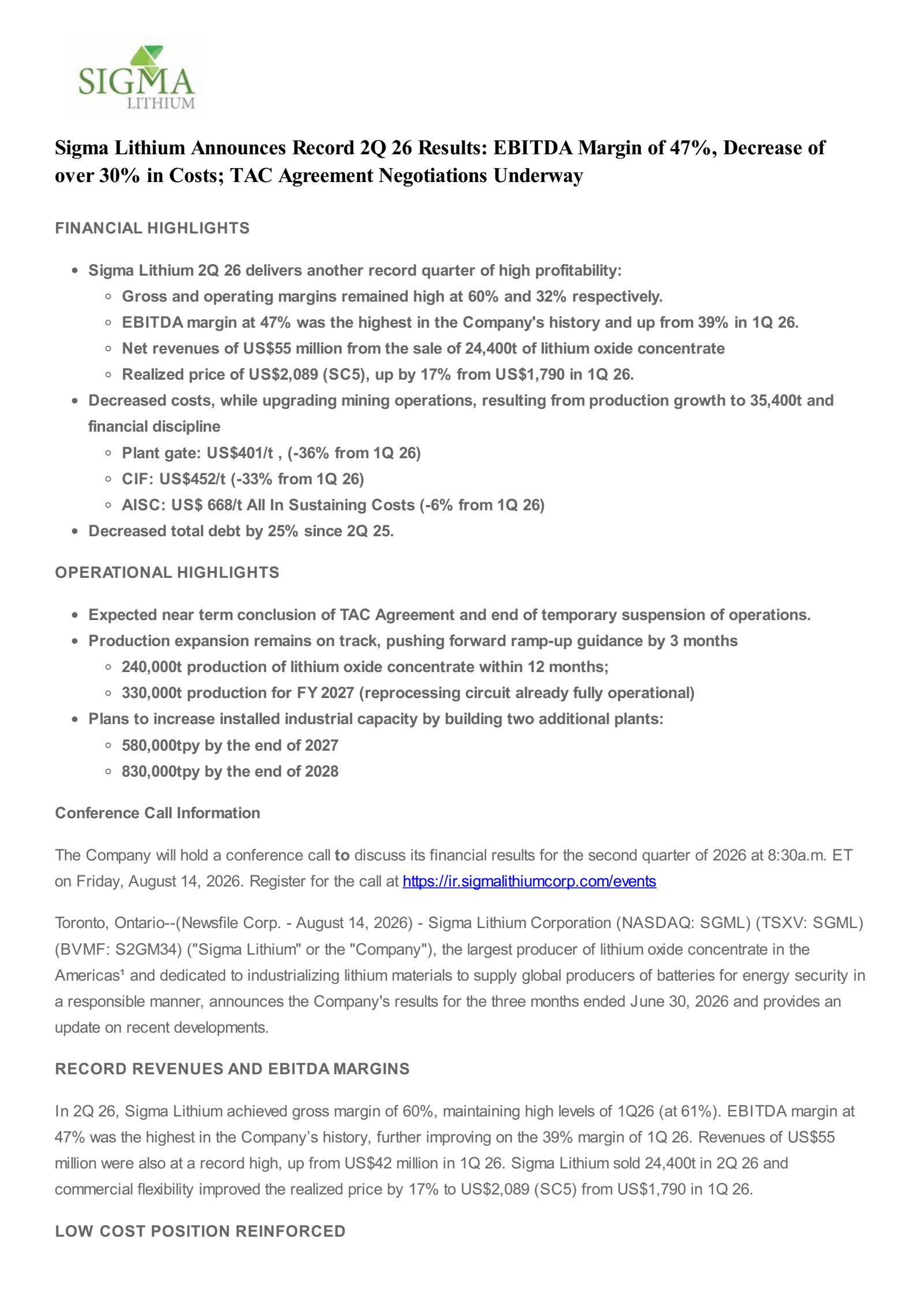 Sigma Lithium's Q2 2026 Press Release