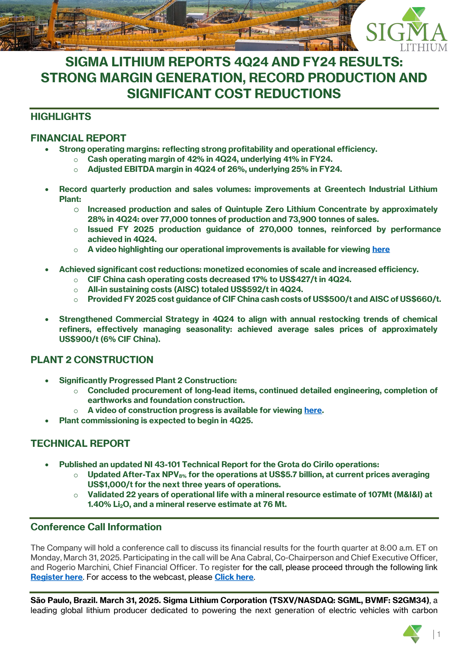 Sigma Lithium's Q4 2024 Press Release