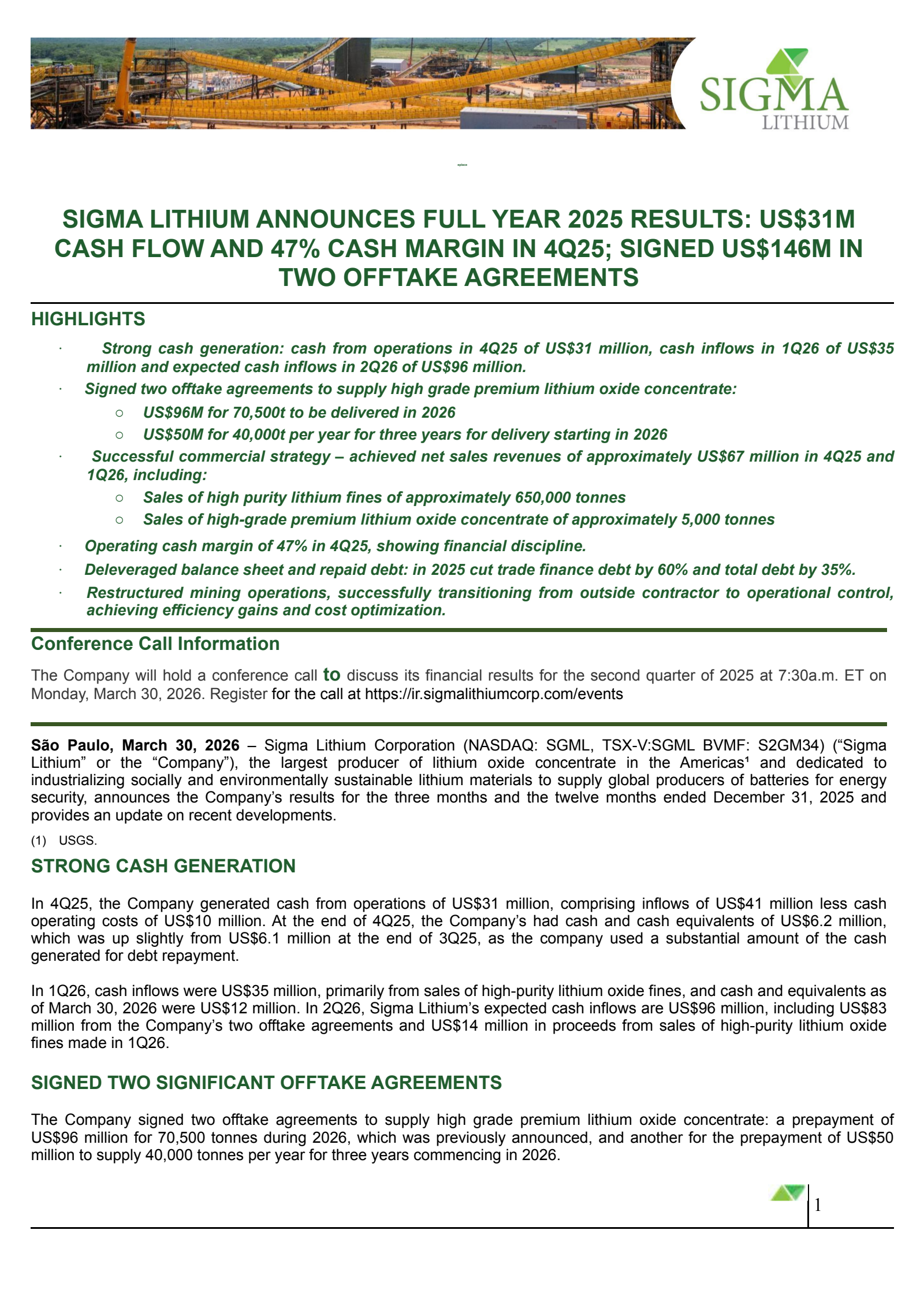 Sigma Lithium's Q4 2025 Press Release