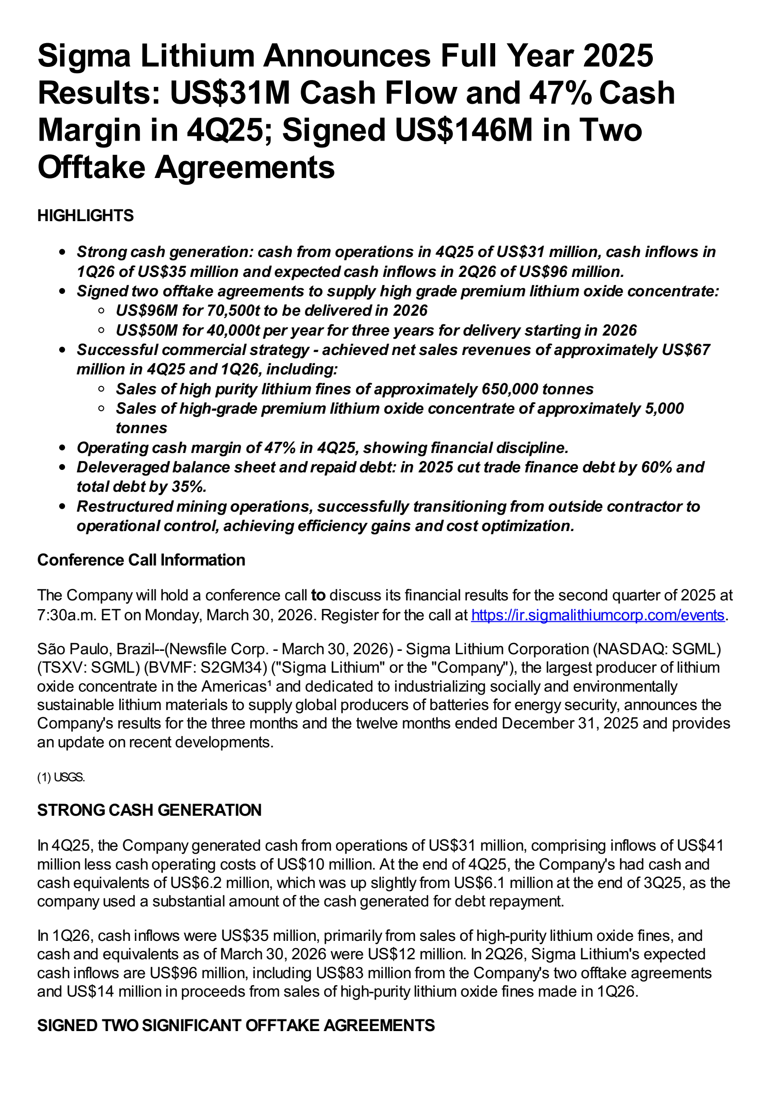 Sigma Lithium's Q4 2025 Press Release