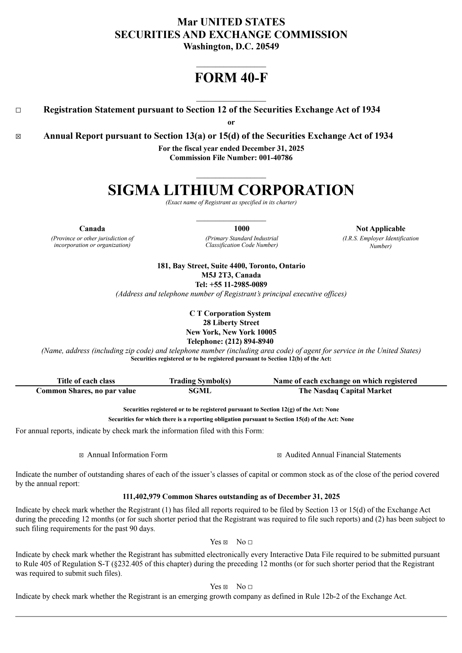 Sigma Lithium's Q4 2025 Annual report