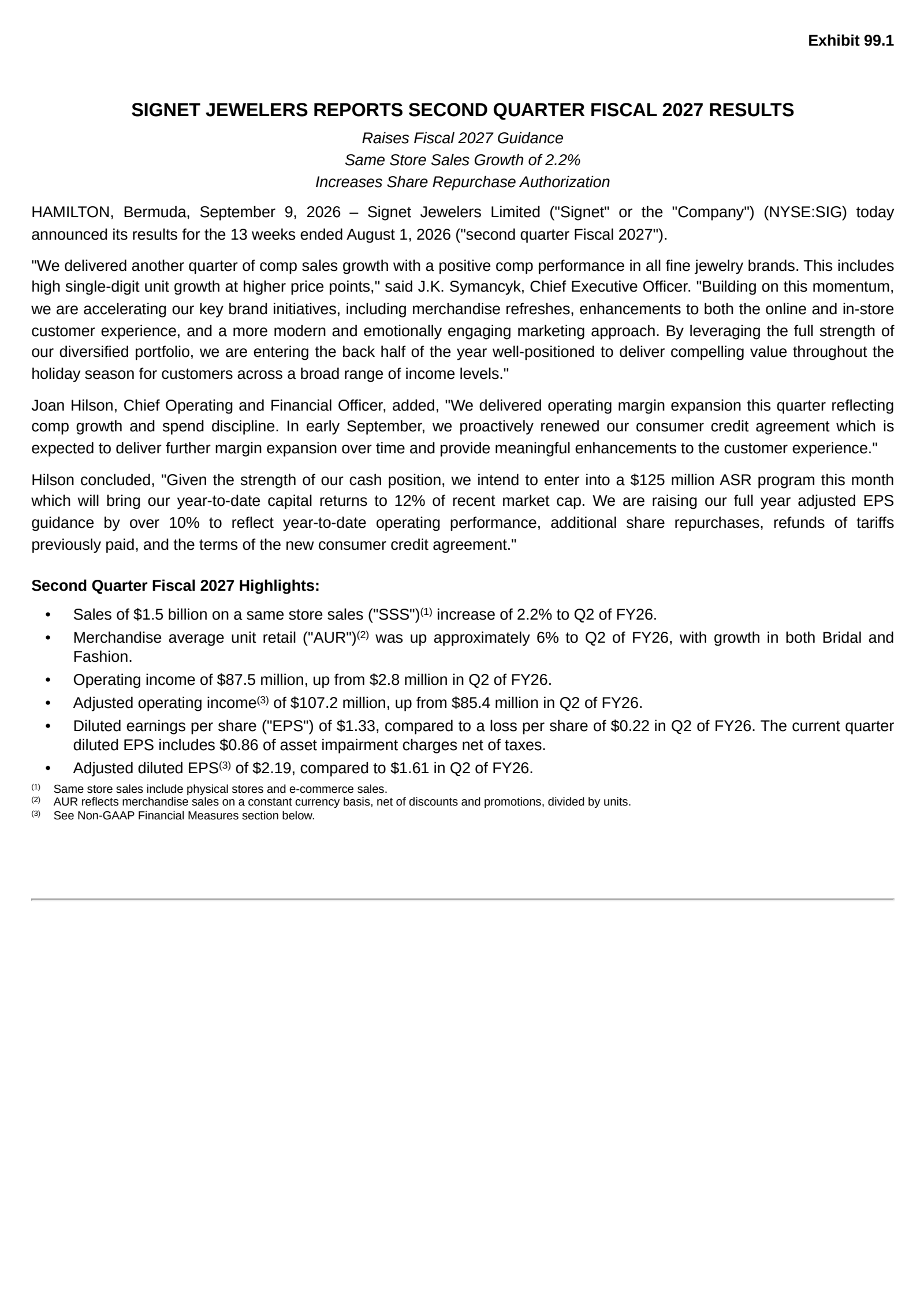 Signet Jewelers' Q2 2027 Press Release